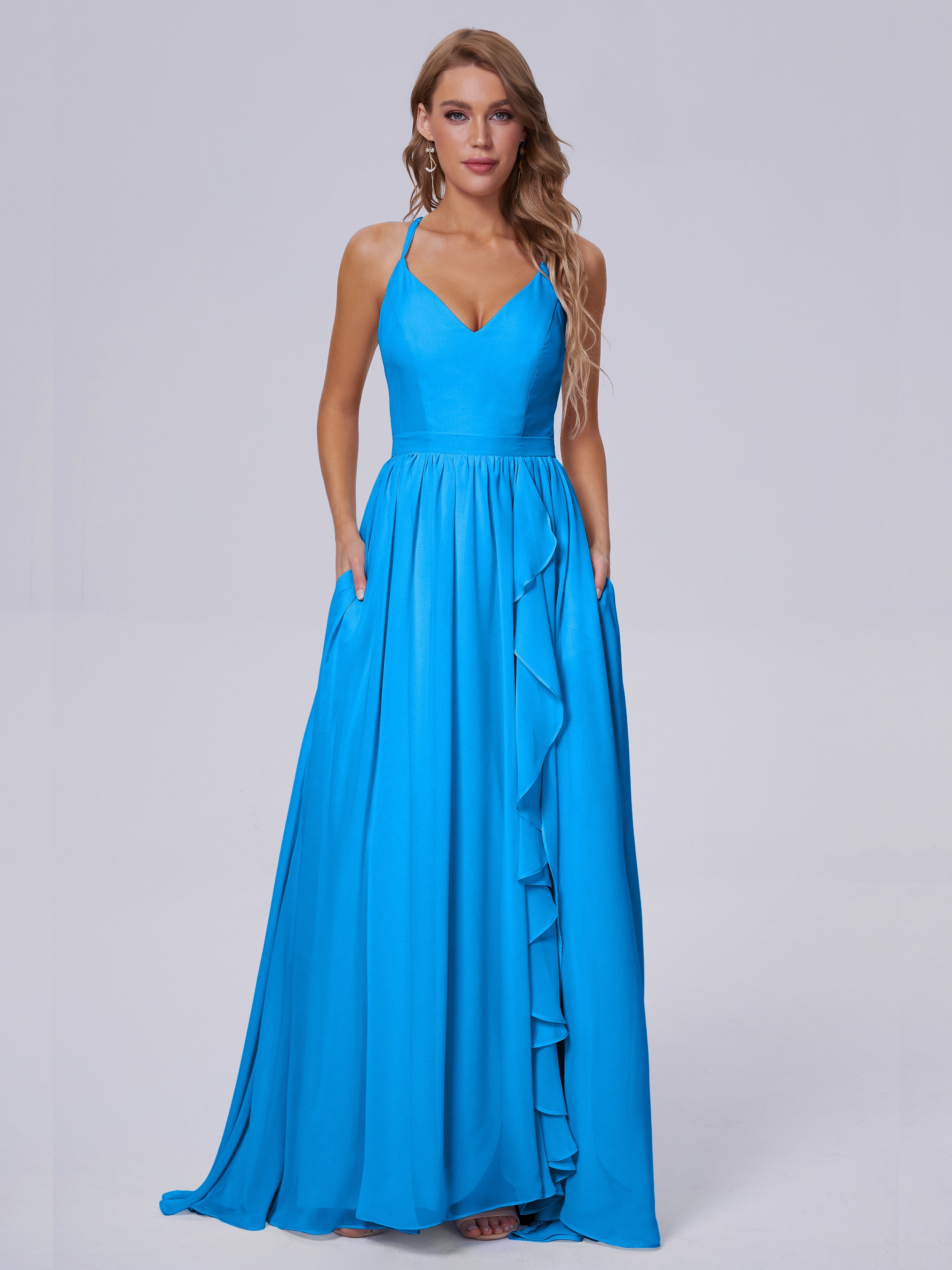 Robes De Demoiselle D'Honneur Bleu Océan Asymétrique Mousseline Robes Demoiselle D'Honneur
