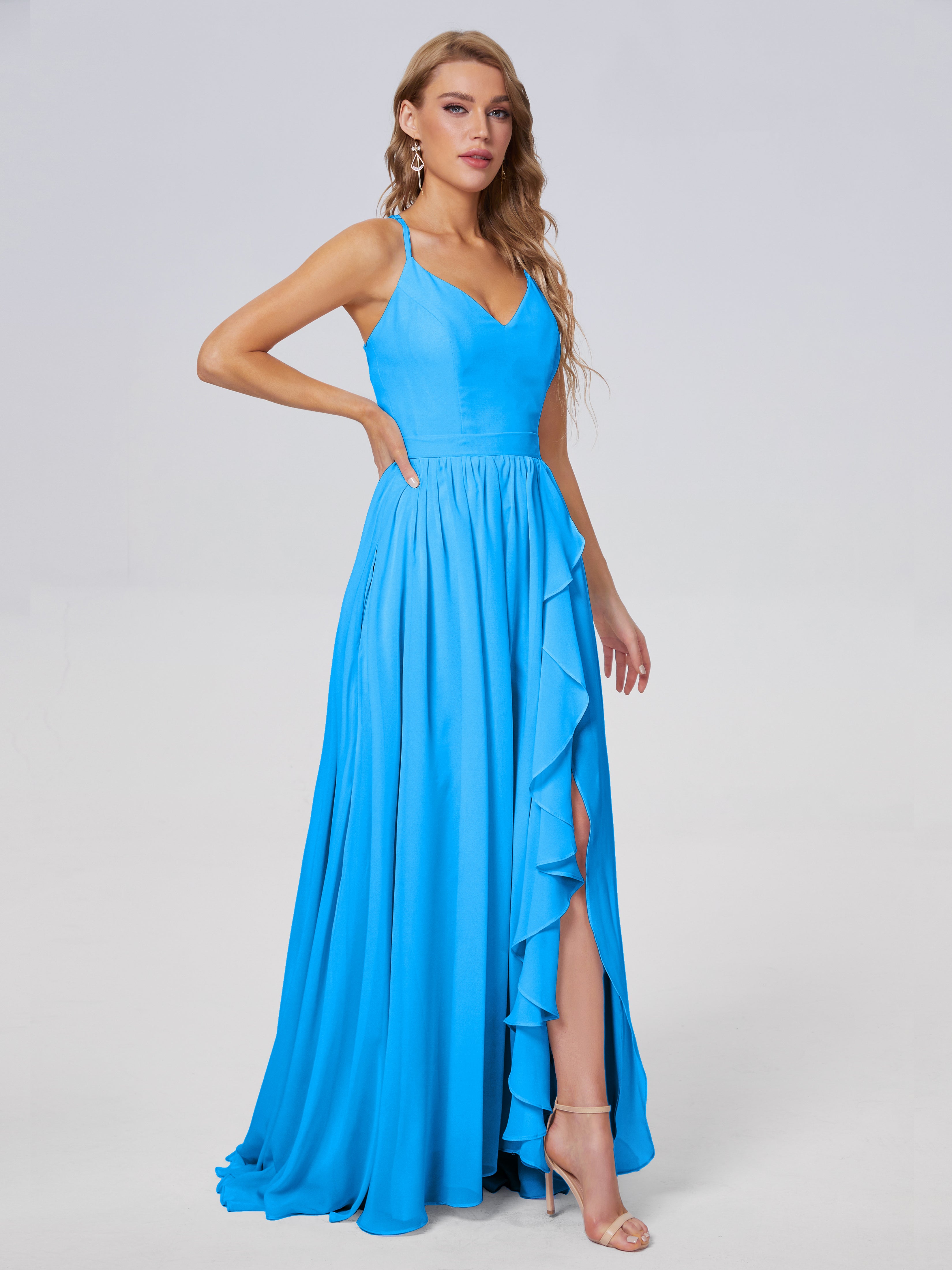 Robes De Demoiselle D'Honneur Bleu Océan Asymétrique Mousseline Robes Demoiselle D'Honneur
