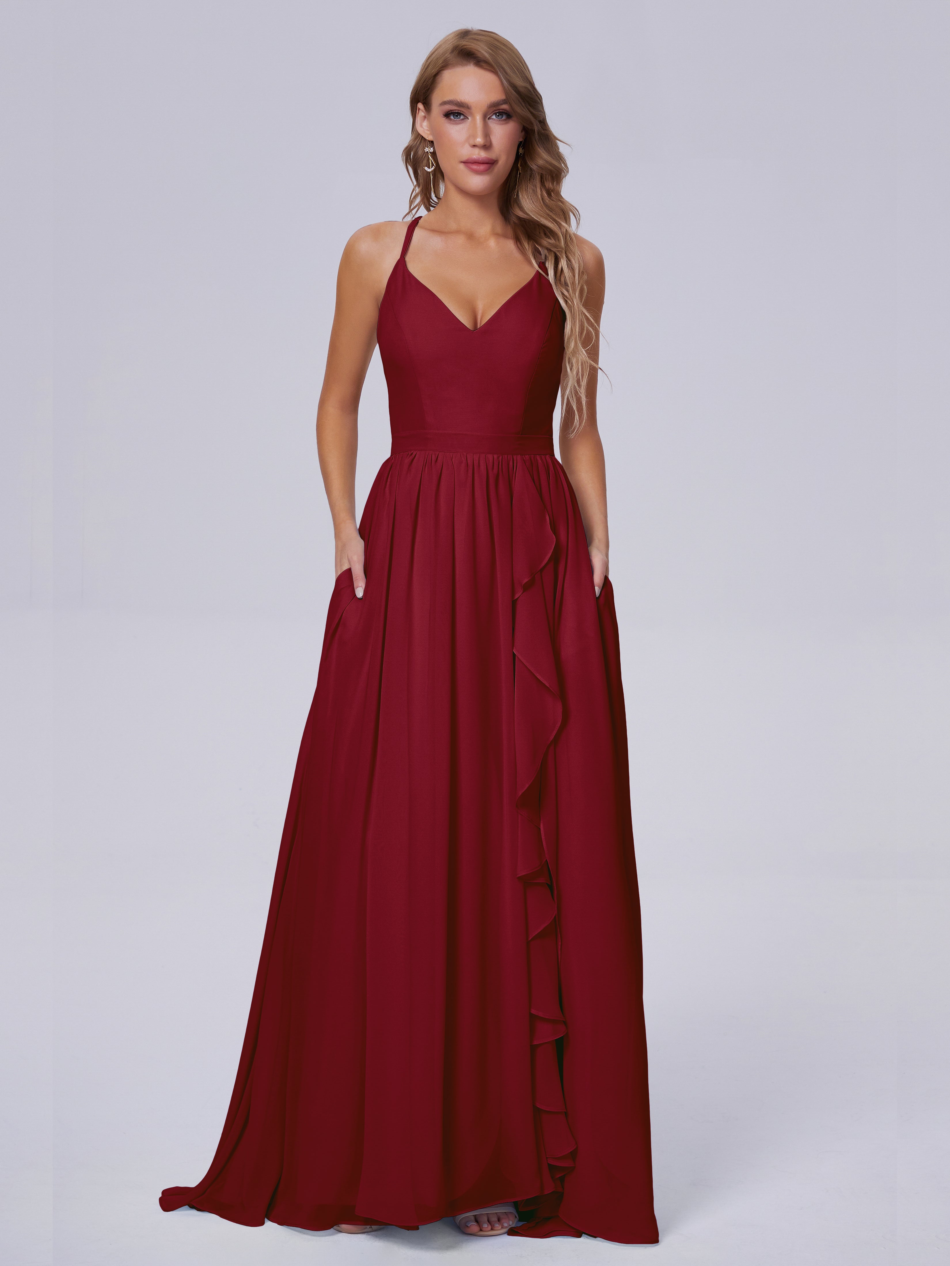 Modestes Robes De Demoiselle D'Honneur Bordeaux Asymétrique Mousseline Robes Demoiselle D'Honneur