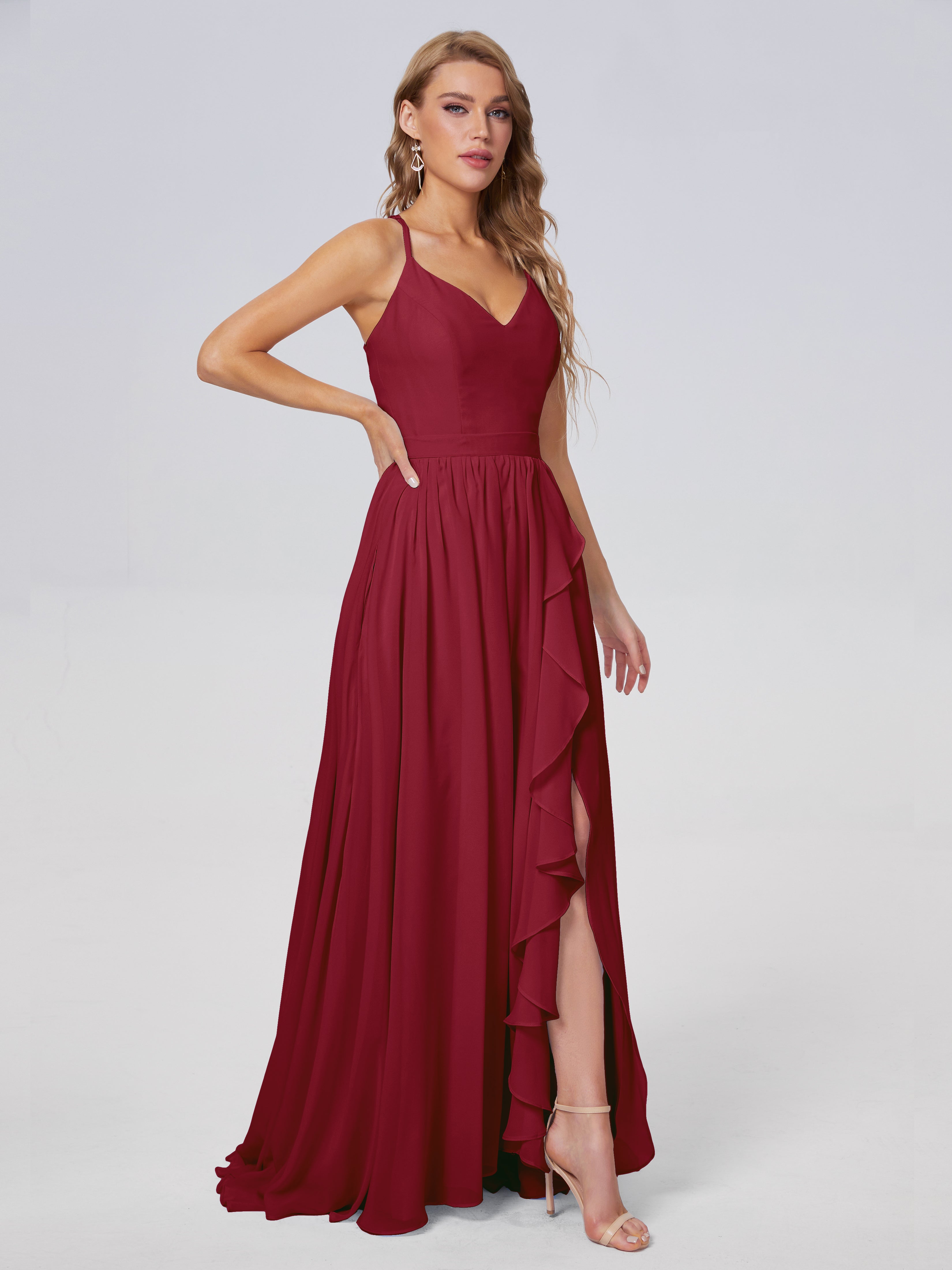 Modestes Robes De Demoiselle D'Honneur Bordeaux Asymétrique Mousseline Robes Demoiselle D'Honneur