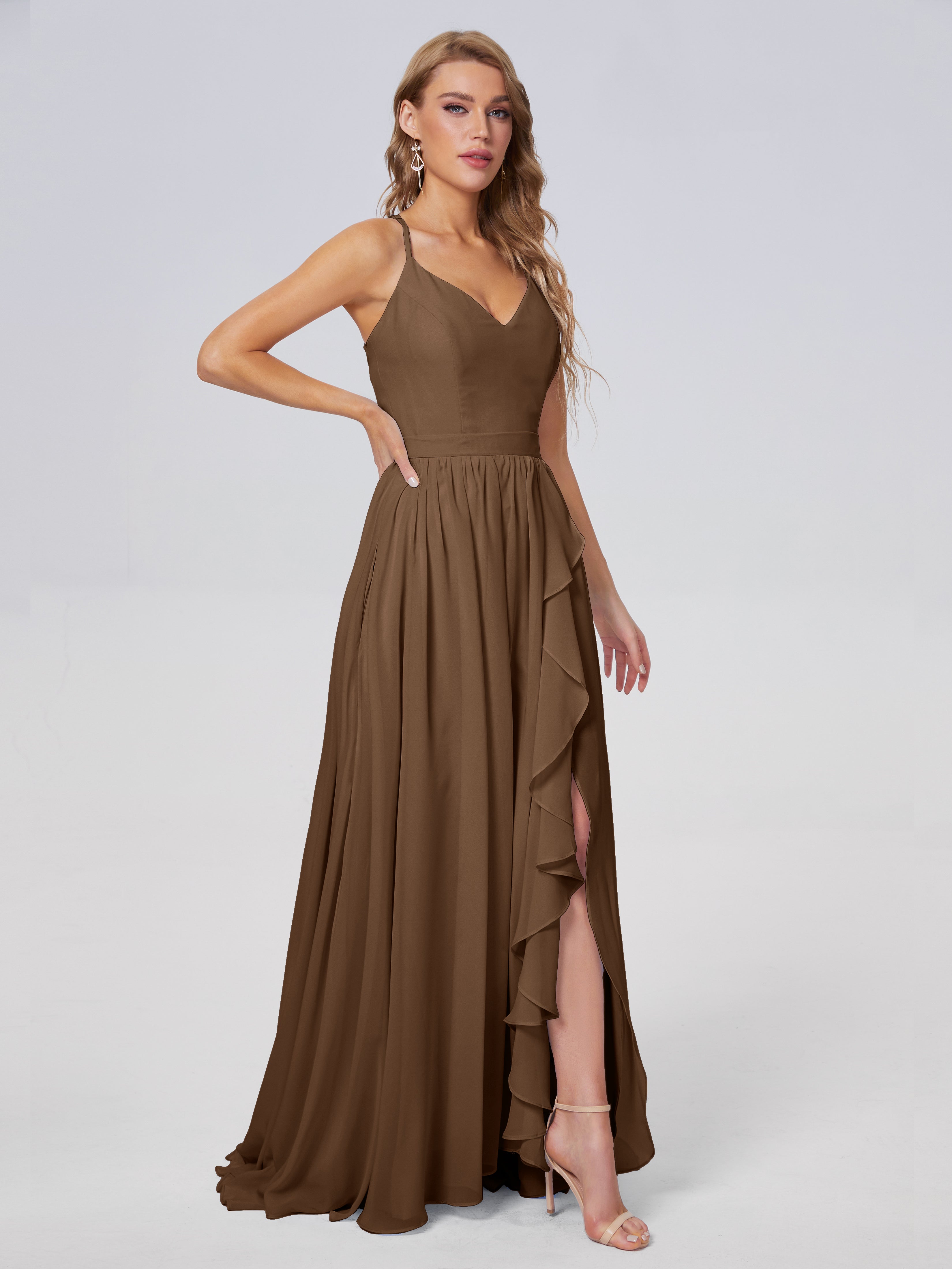 Robes De Demoiselle D'Honneur Brun Asymétrique Mousseline Robes Demoiselle D'Honneur