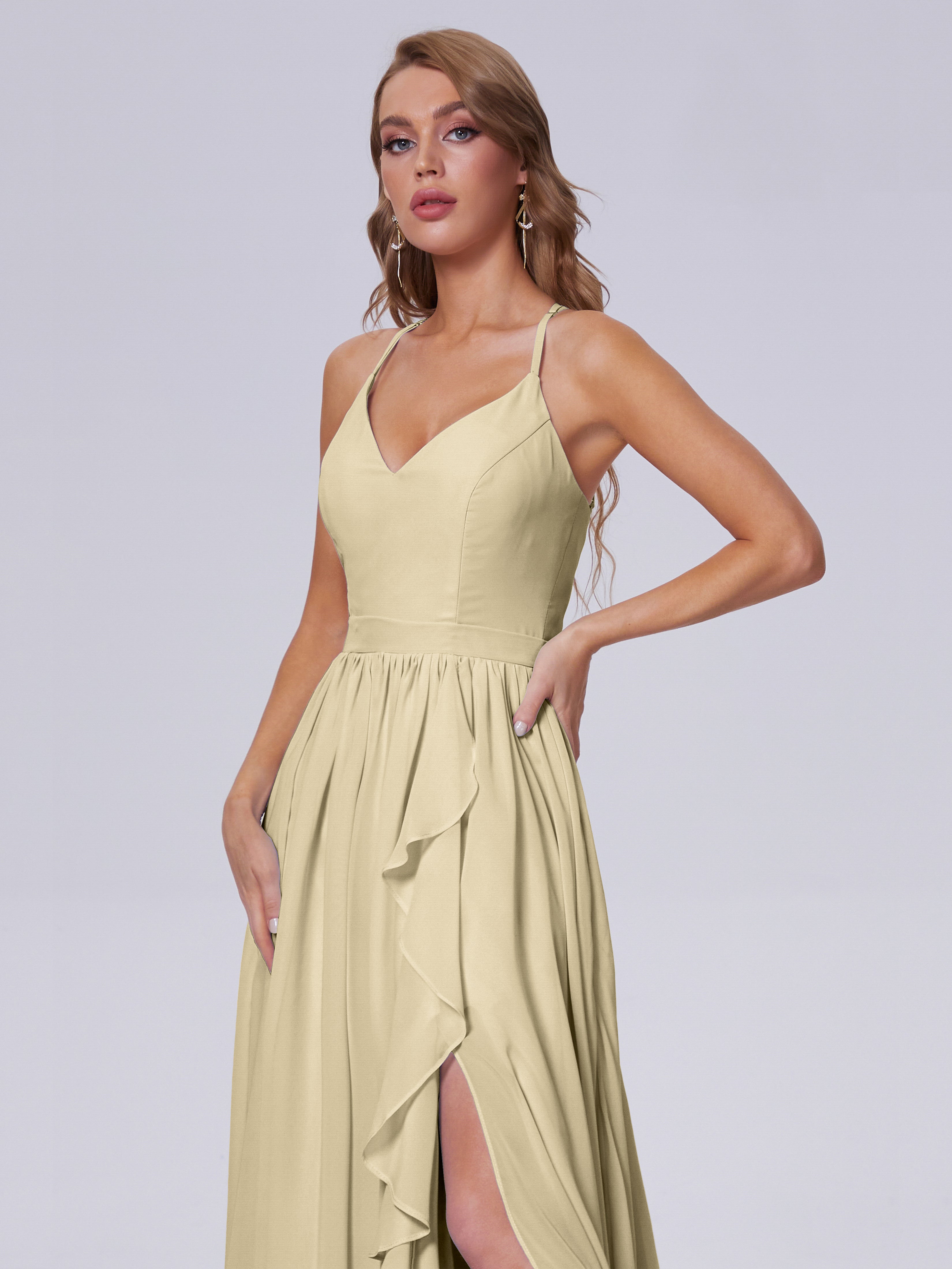 Robes De Demoiselle D'Honneur Couleur Champagne Asymétrique Mousseline Robes Demoiselle D'Honneur