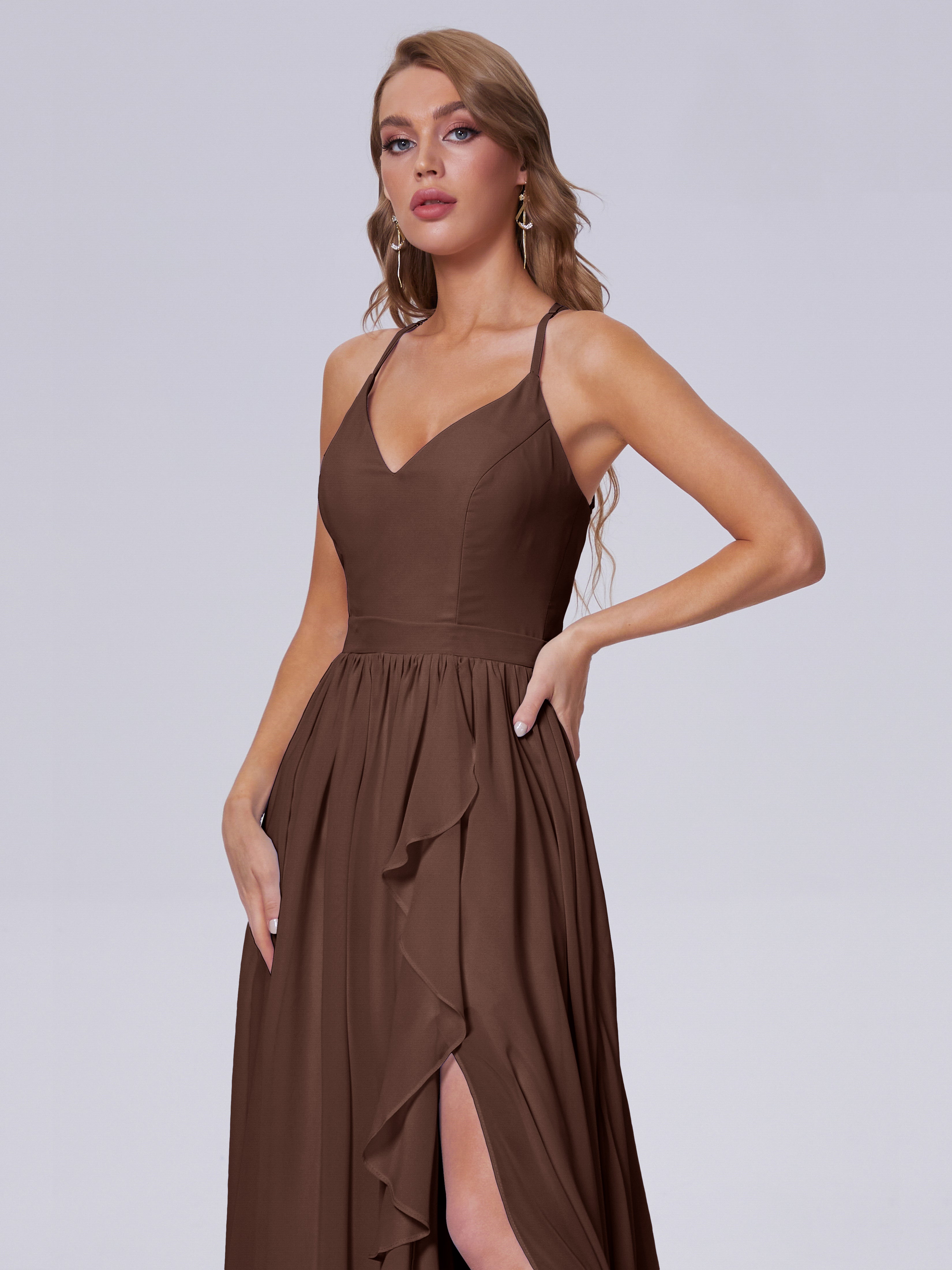 Robes De Demoiselle D'Honneur En Chocolat Asymétrique Mousseline Robes Demoiselle D'Honneur