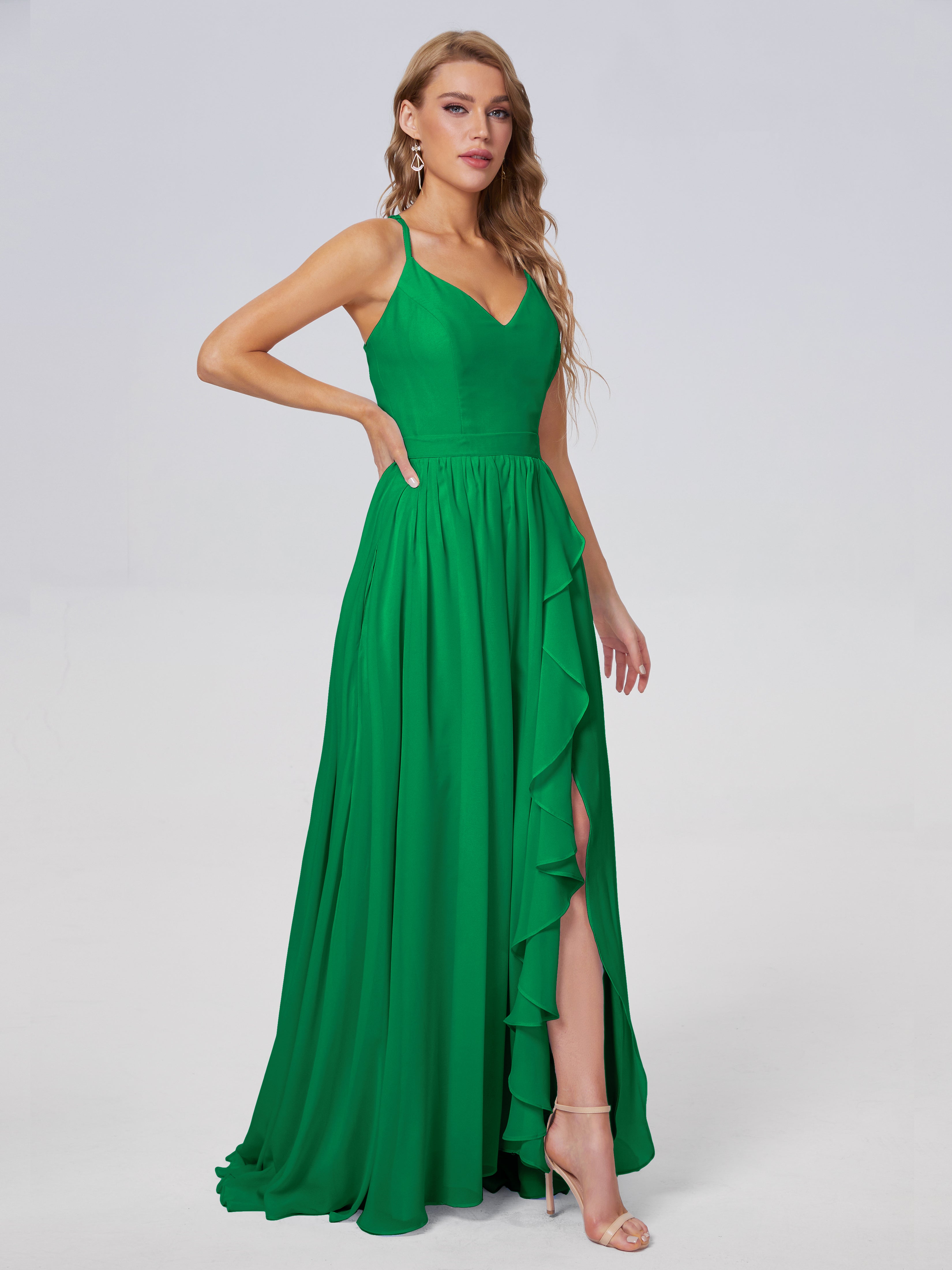 Robes De Demoiselle D'Honneur Vert Émeraude Asymétrique Mousseline Robes Demoiselle D'Honneur