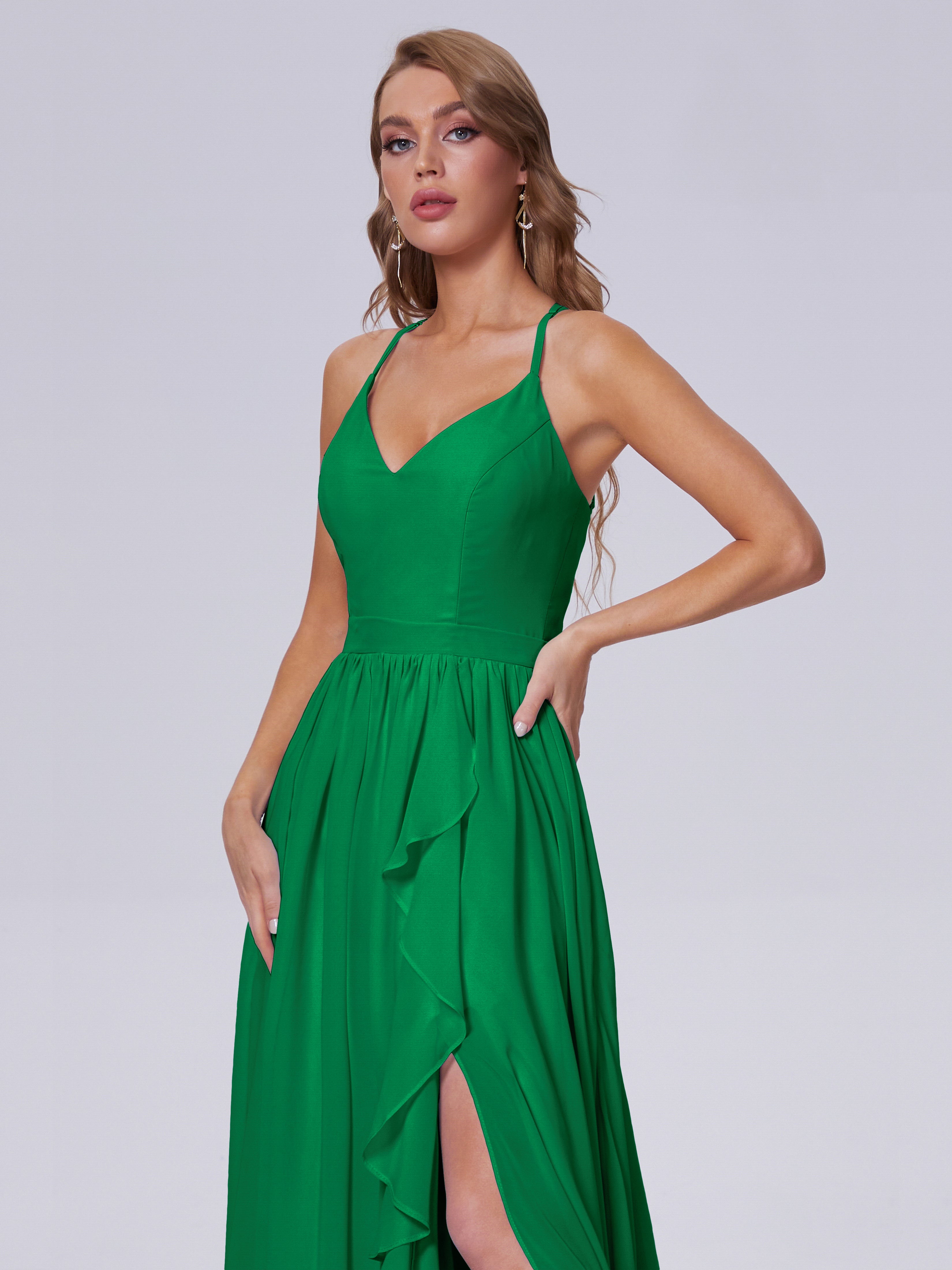 Robes De Demoiselle D'Honneur Vert Émeraude Asymétrique Mousseline Robes Demoiselle D'Honneur