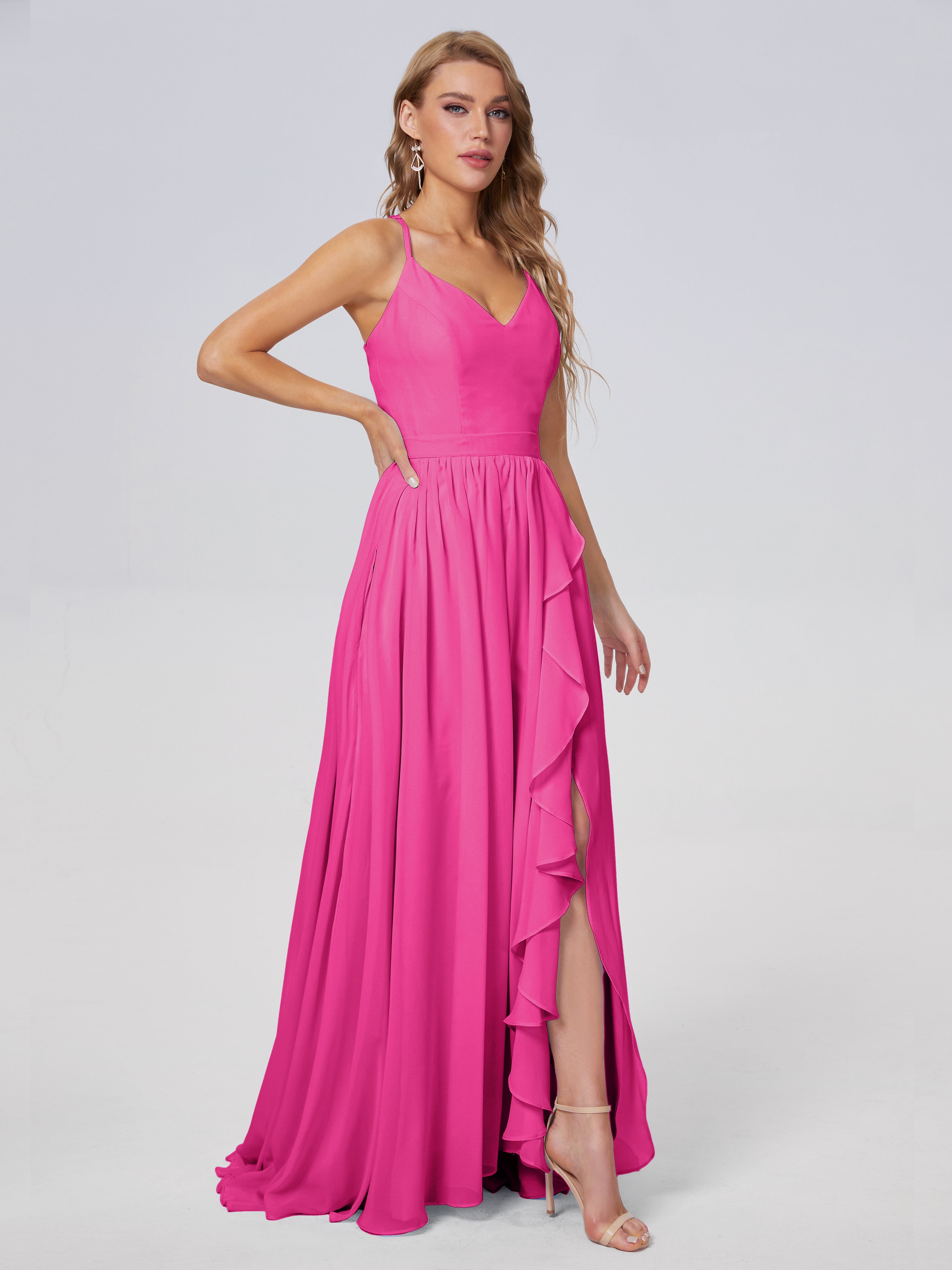Robes De Demoiselle D'Honneur Rose Fuchsia Asymétrique Mousseline Robes Demoiselle D'Honneur