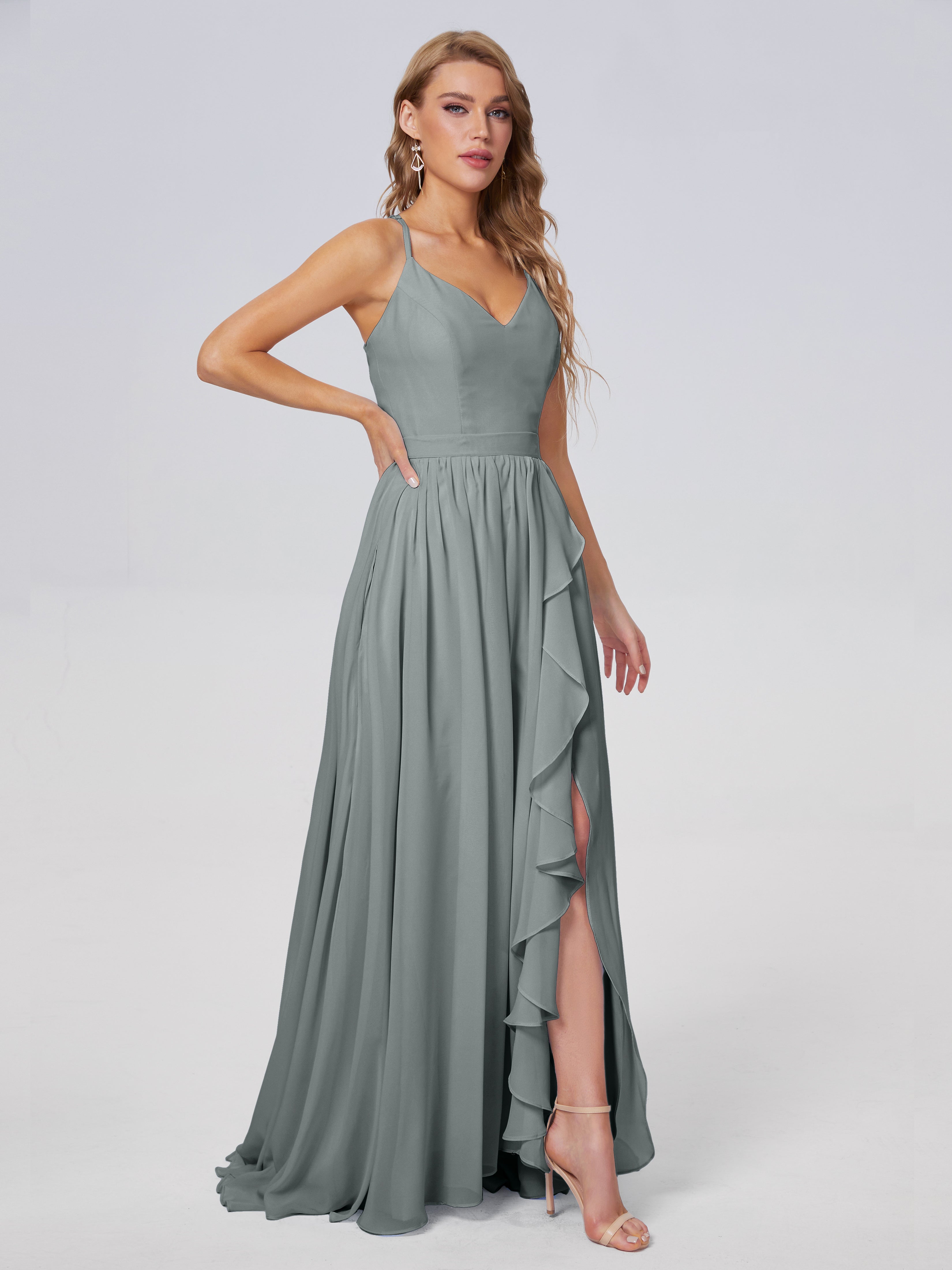 Robe De Demoiselle D Honneur Gris Asymétrique Mousseline Robes Demoiselle D'Honneur