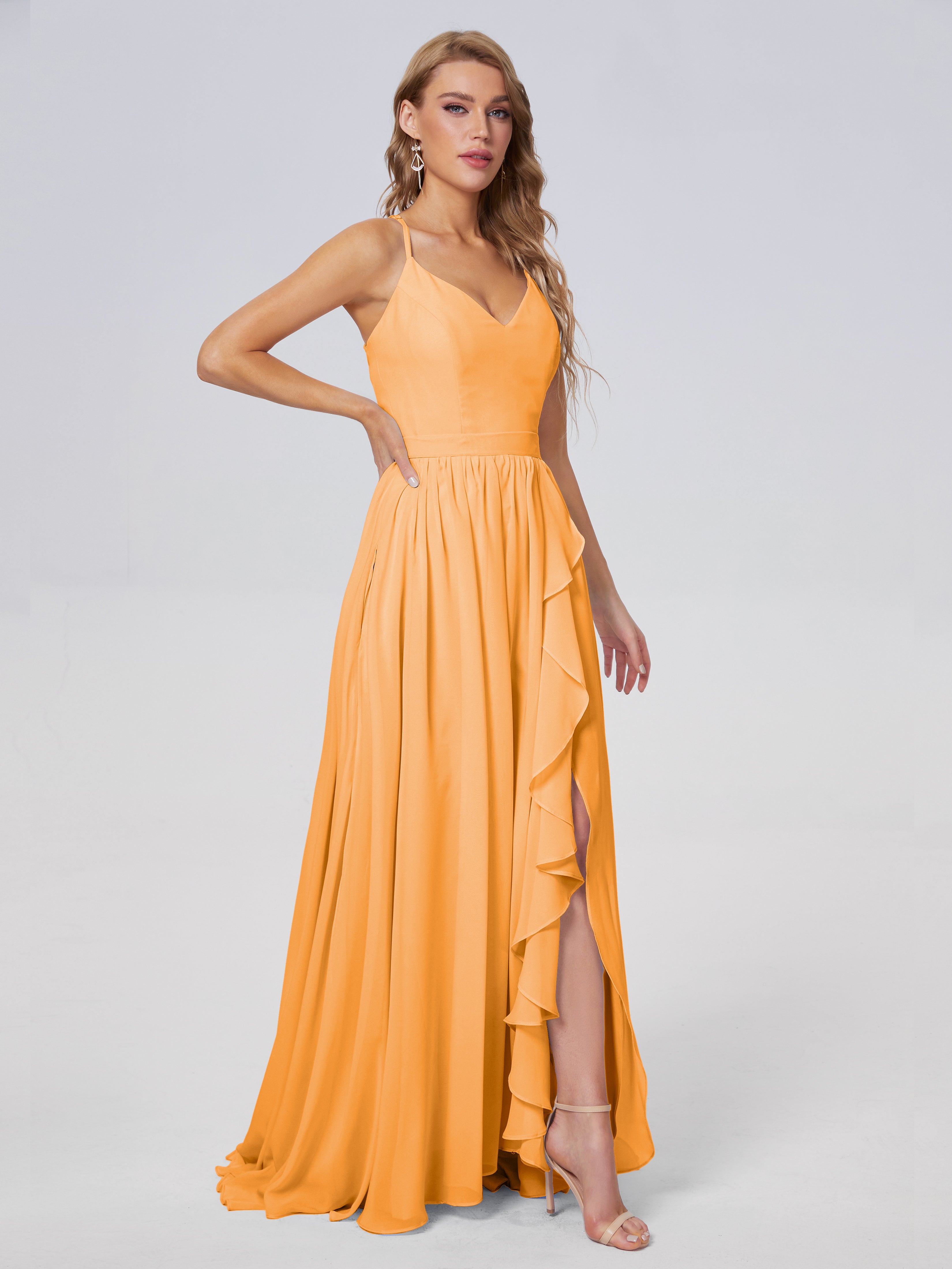 Robes De Demoiselle D'Honneur Mandarine Asymétrique Mousseline Robes Demoiselle D'Honneur
