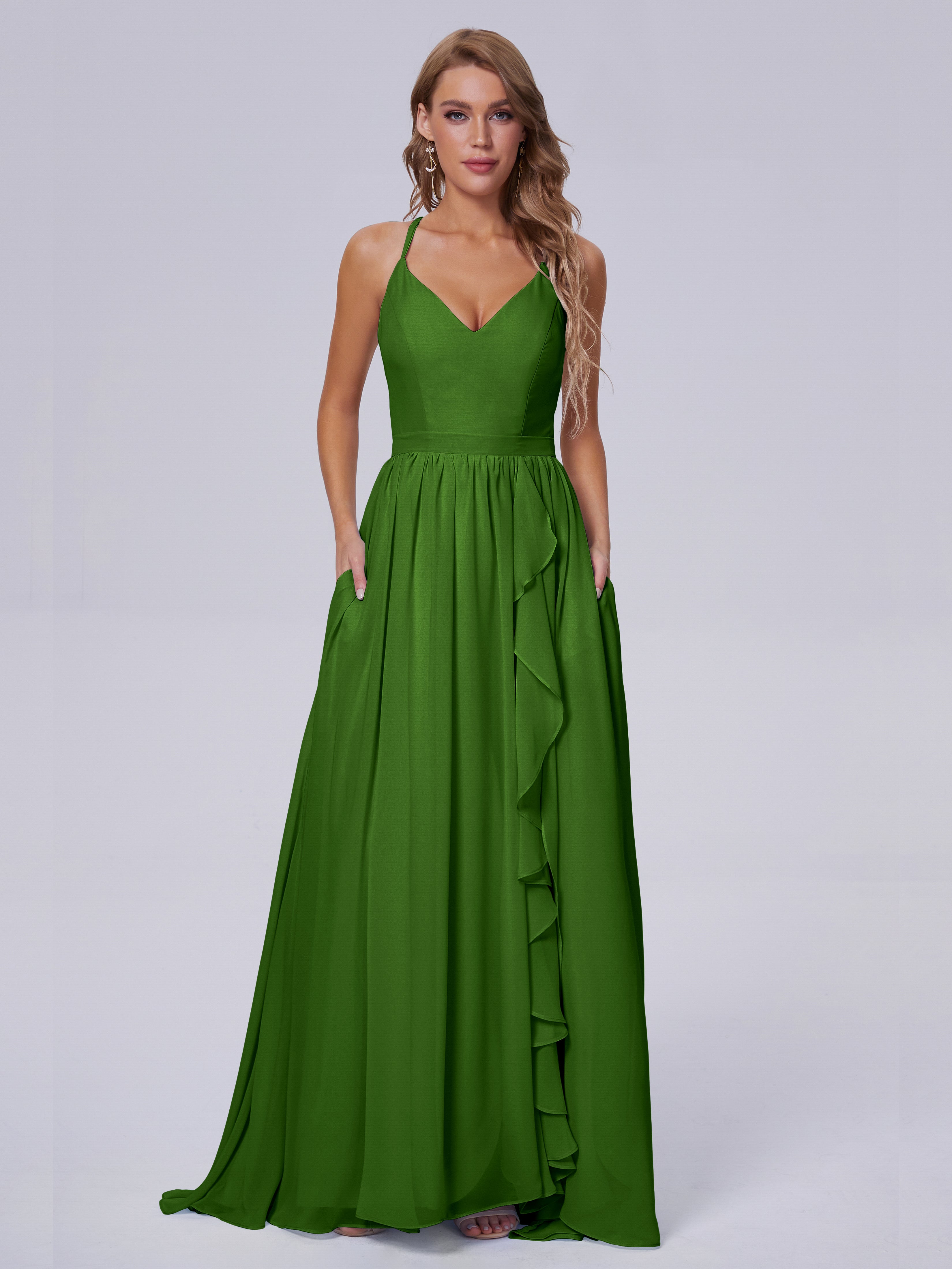 Robes De Demoiselle D'Honneur Vert Mousse Asymétrique Mousseline Robes Demoiselle D'Honneur