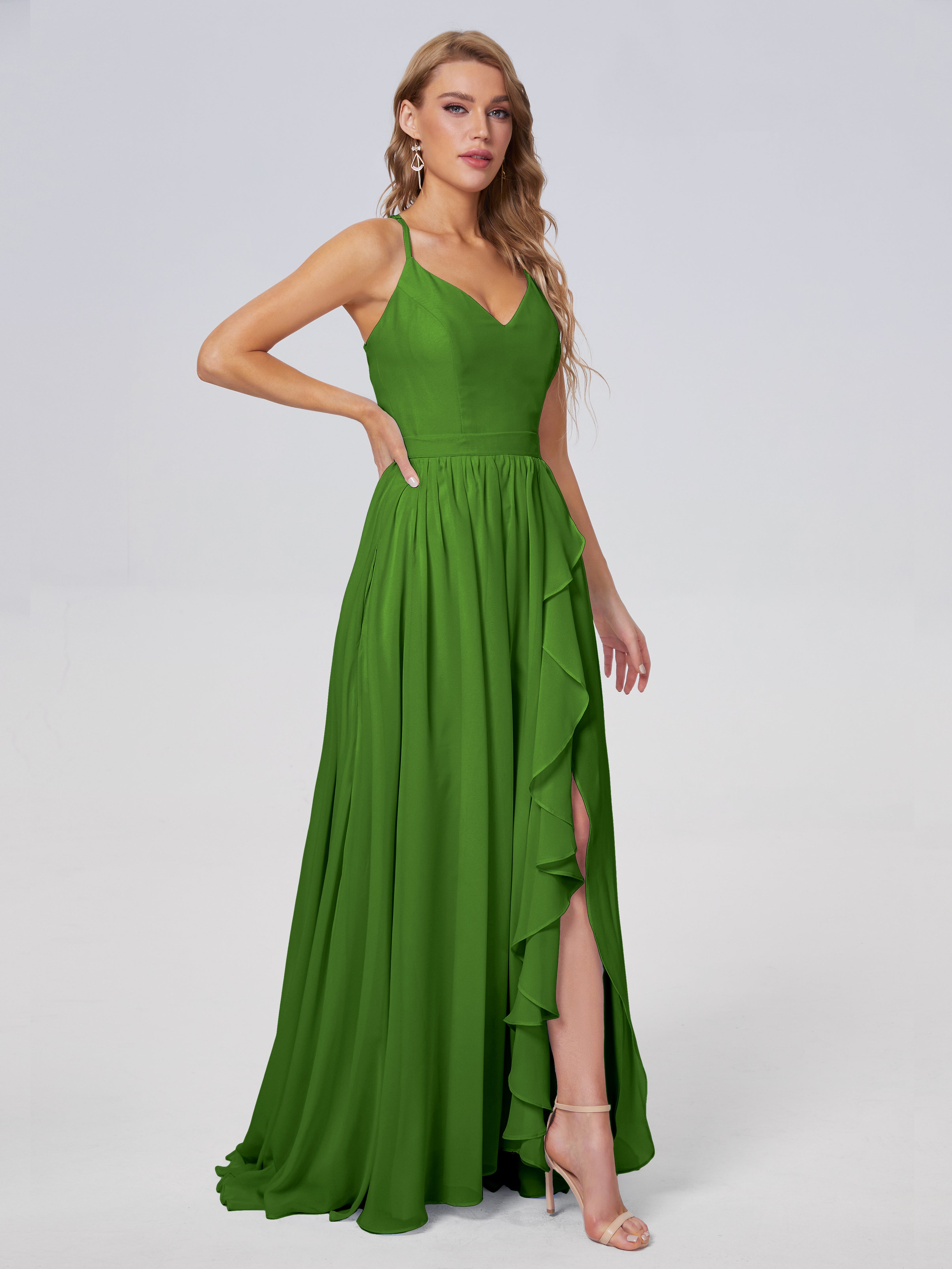 Robes De Demoiselle D'Honneur Vert Mousse Asymétrique Mousseline Robes Demoiselle D'Honneur