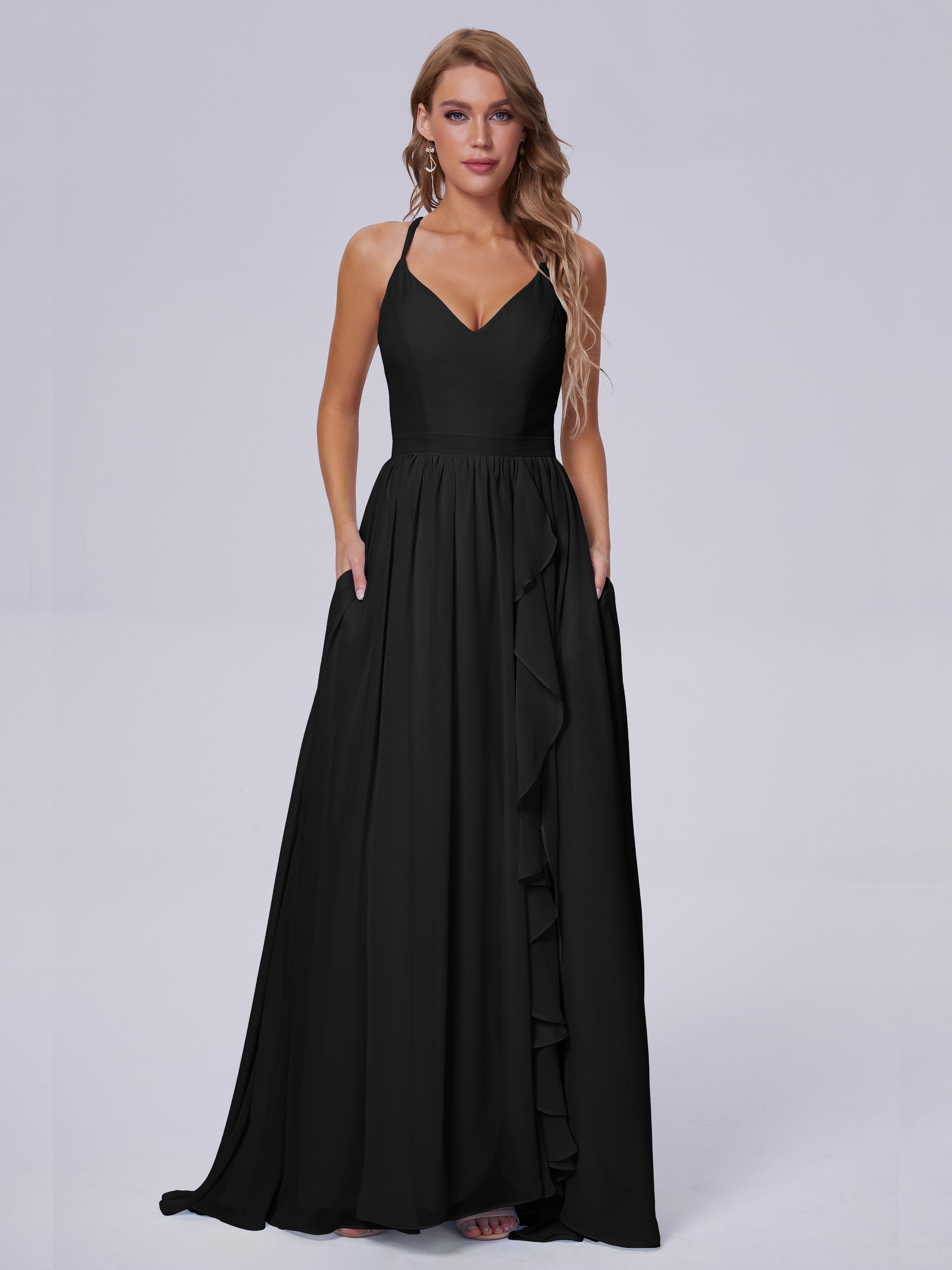 Longues Robes De Demoiselle D'Honneur Noires Asymétrique Mousseline Robes Demoiselle D'Honneur