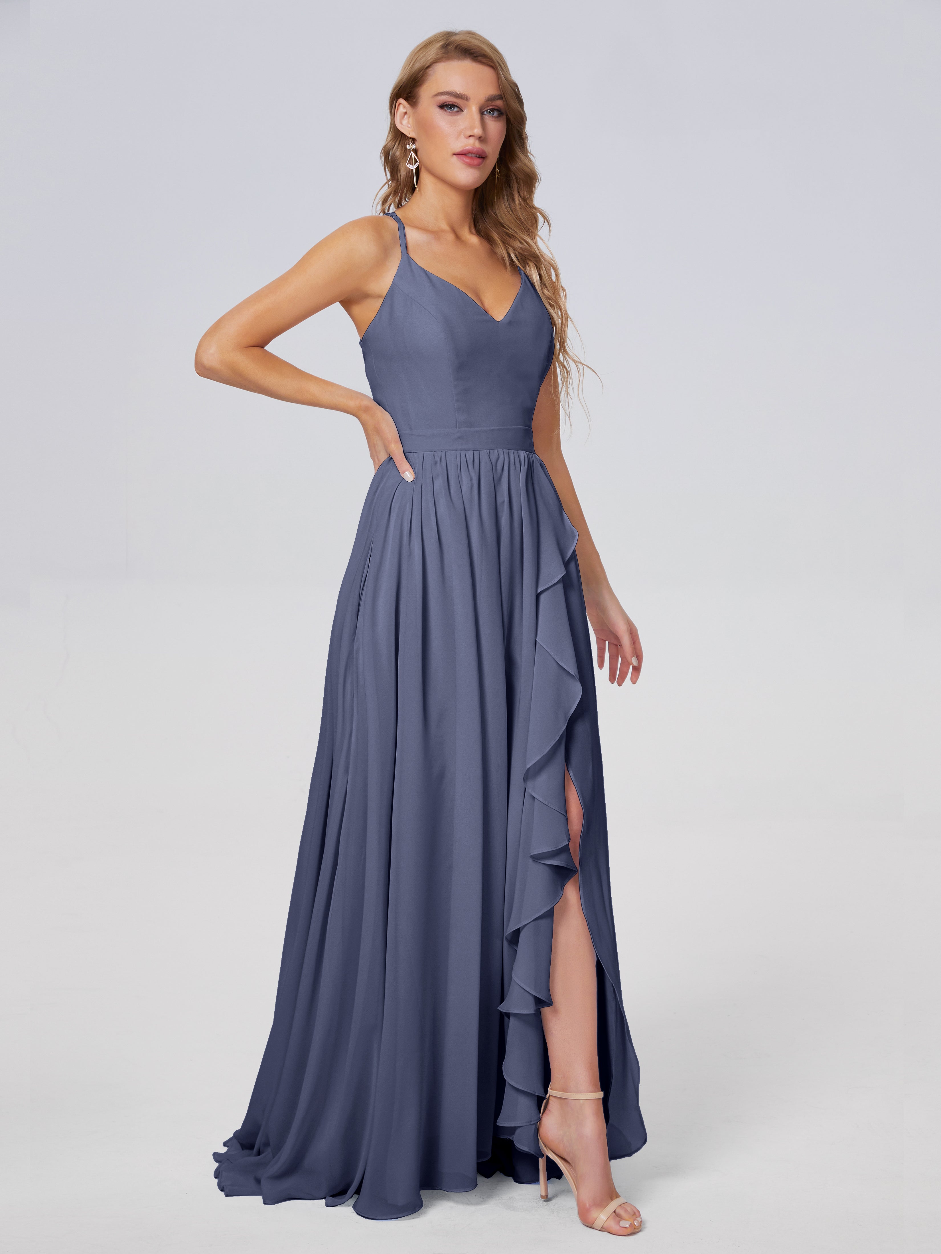Robes De Demoiselle D'Honneur Bleu Orageux Asymétrique Mousseline Robes Demoiselle D'Honneur