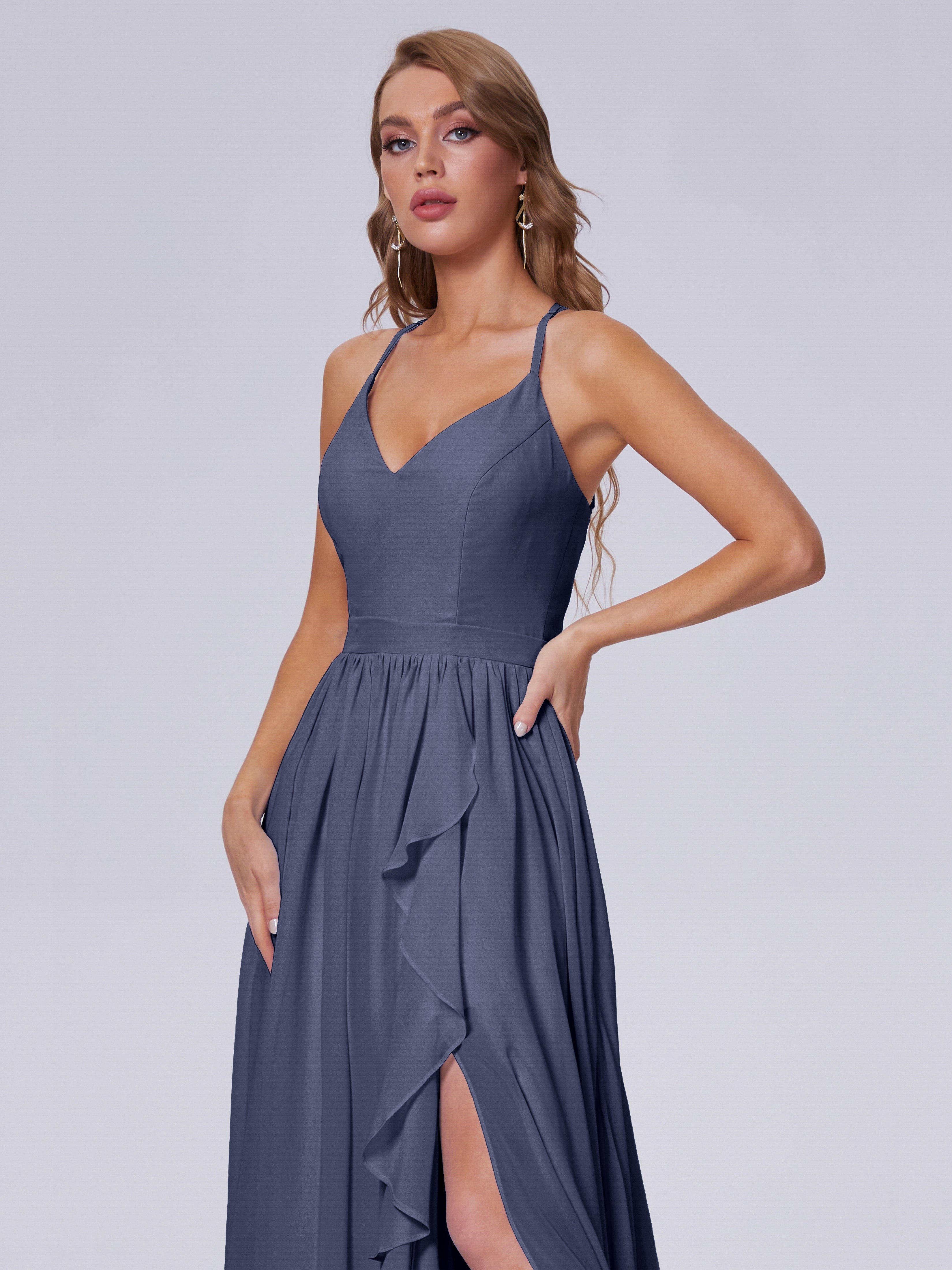 Robes De Demoiselle D'Honneur Bleu Orageux Asymétrique Mousseline Robes Demoiselle D'Honneur