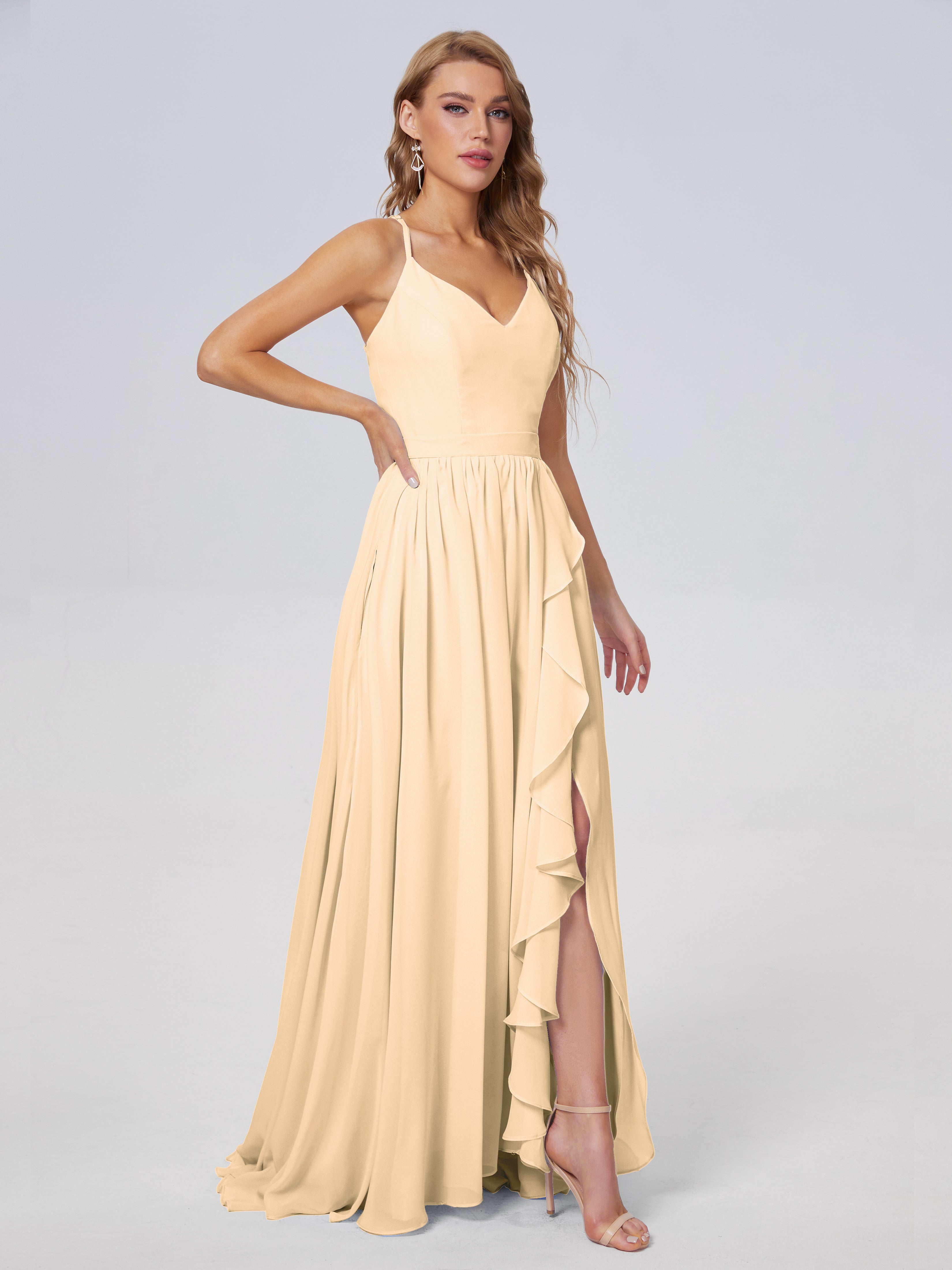 Robe Demoiselle D Honneur Rose Peche Asymétrique Mousseline Robes Demoiselle D'Honneur