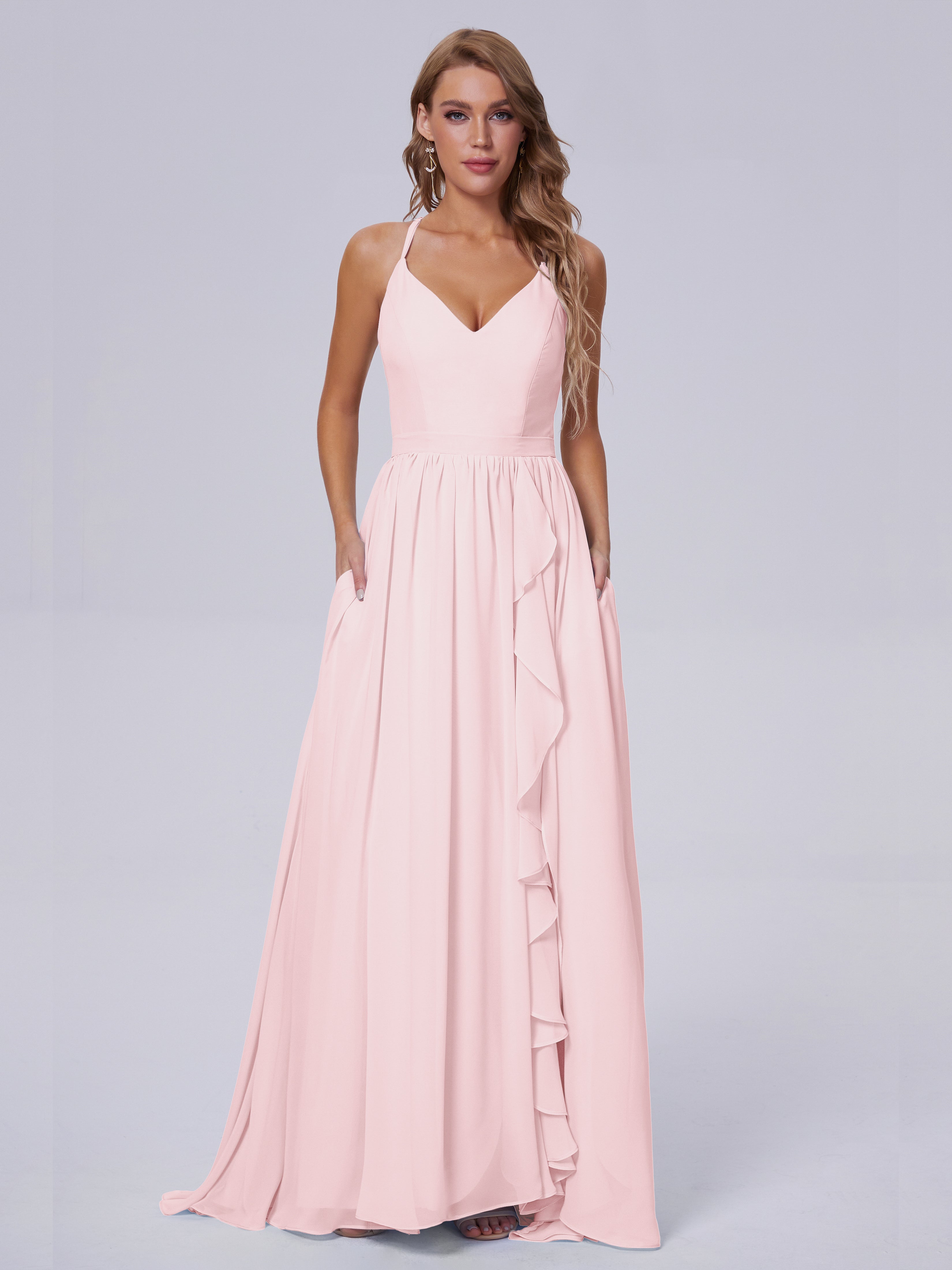 Robe Demoiselle Dhonneur Rose Pale Asymétrique Mousseline Robes Demoiselle D'Honneur