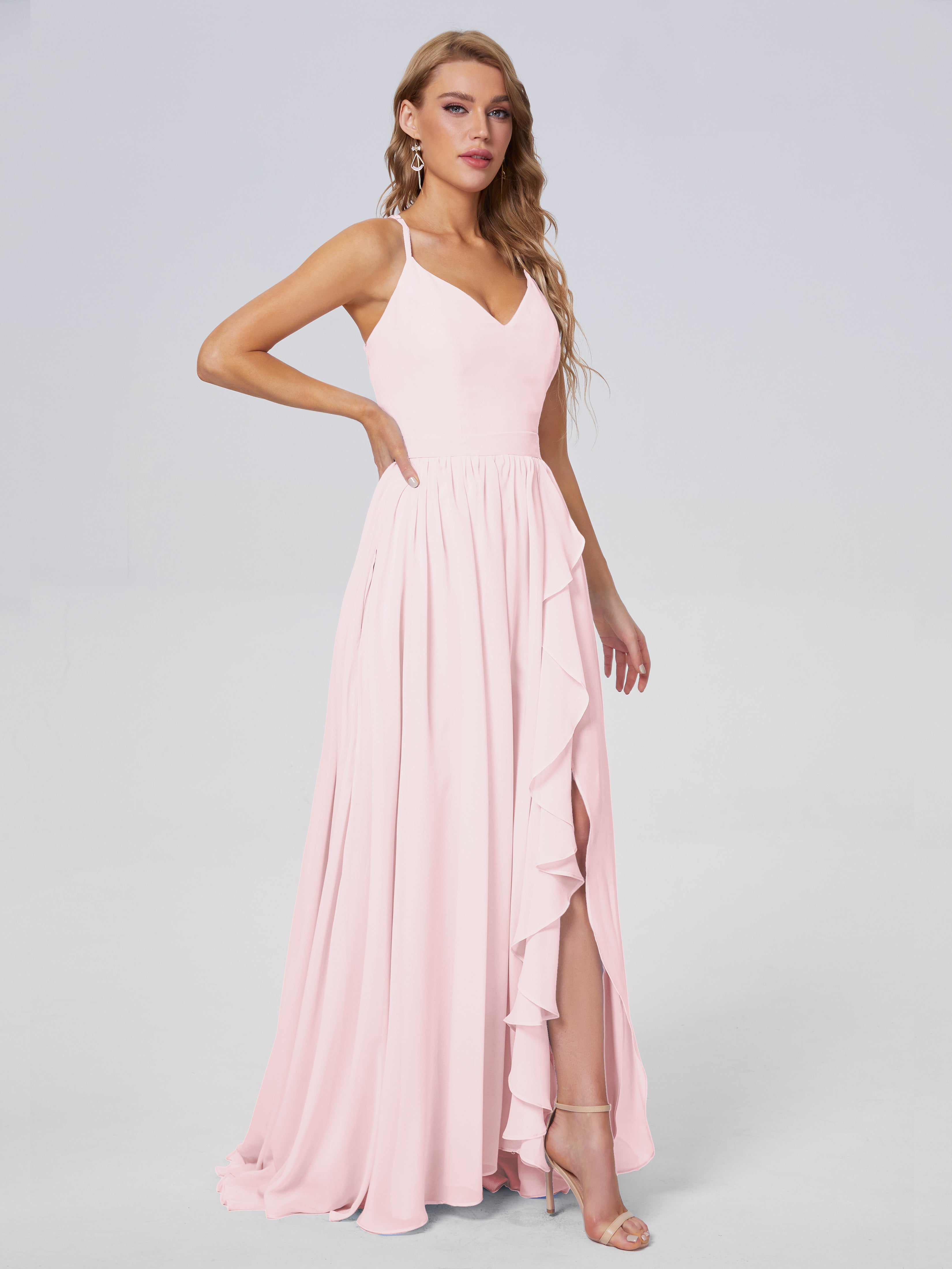 Robe Demoiselle Dhonneur Rose Pale Asymétrique Mousseline Robes Demoiselle D'Honneur