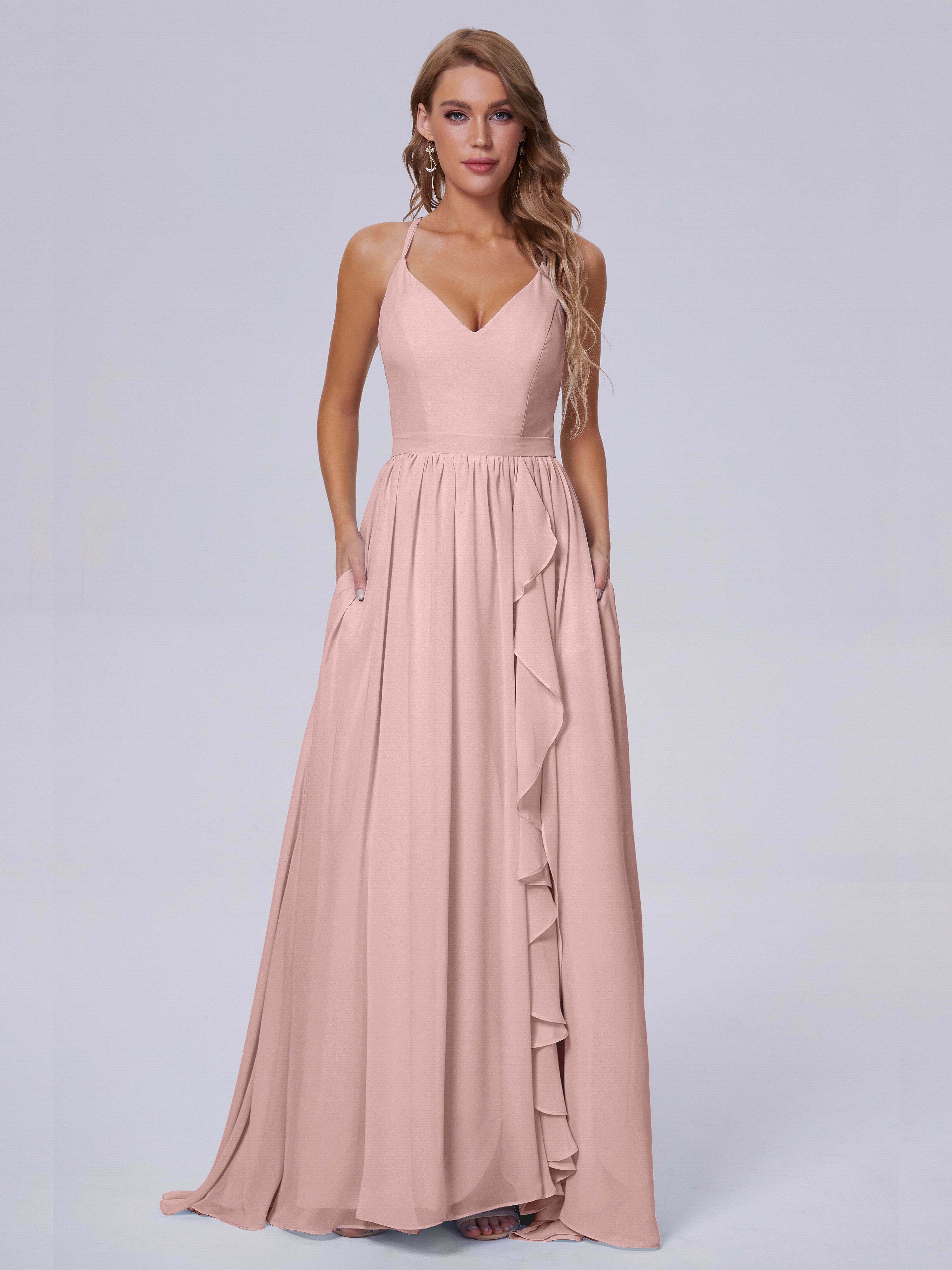 Robes Demoiselle D Honneur Rose Poudré Asymétrique Mousseline Robes Demoiselle D'Honneur