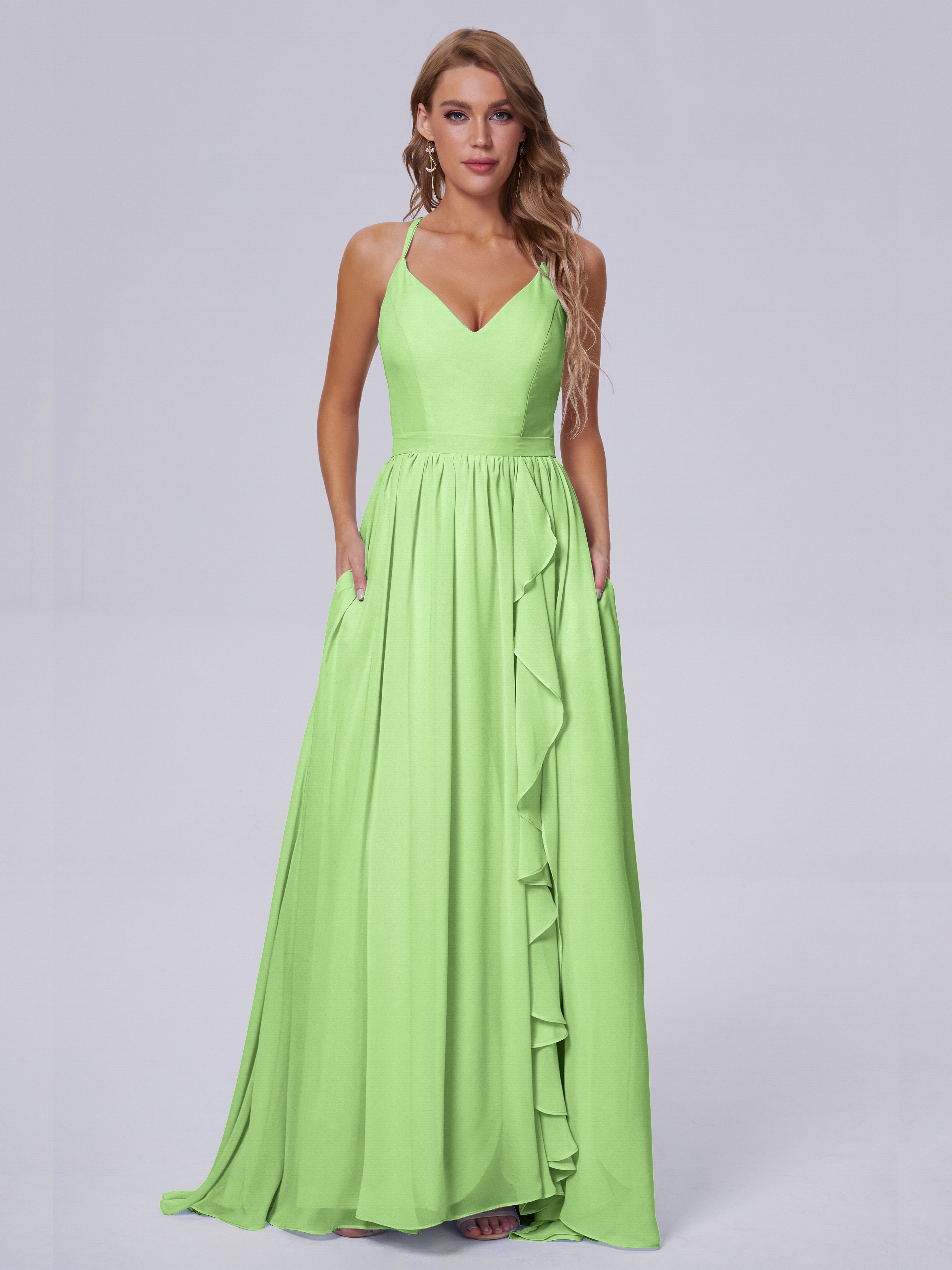 Robe Vert Sauge Demoiselle D Honneur Asymétrique Mousseline Robes Demoiselle D'Honneur