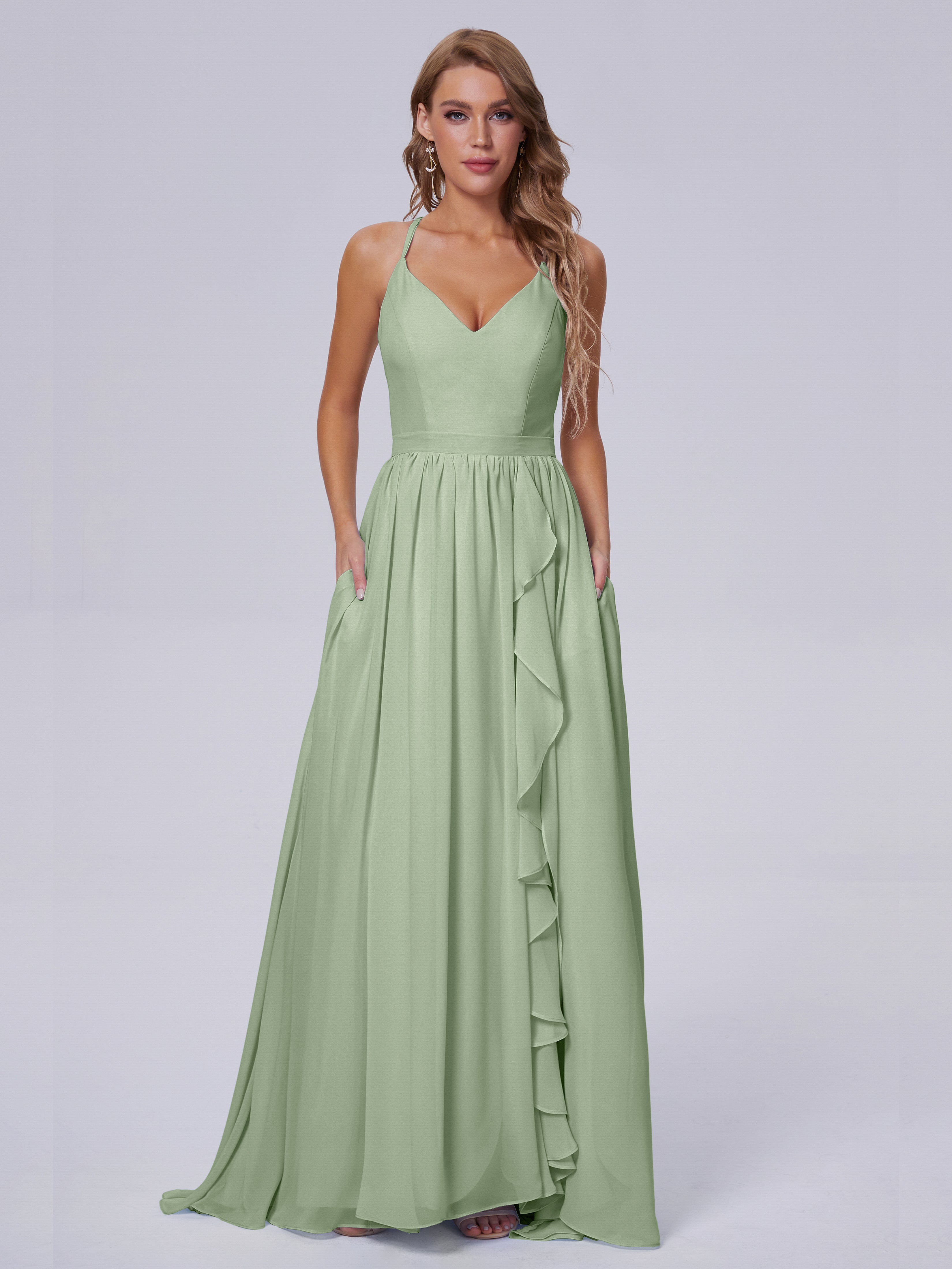 Demoiselles D'Honneur De Sauge Poussiéreuse Asymétrique Mousseline Robes Demoiselle D'Honneur