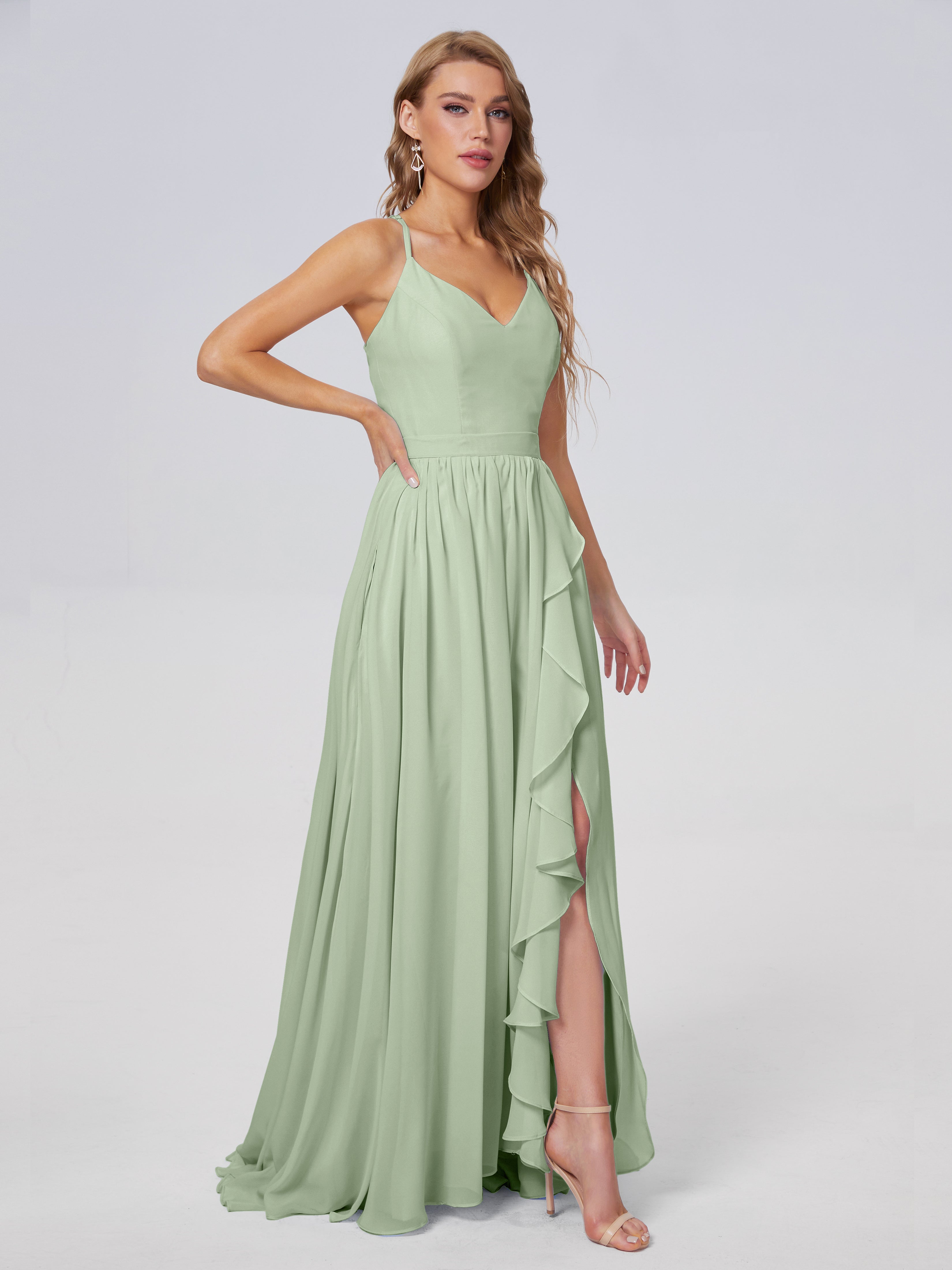 Demoiselles D'Honneur De Sauge Poussiéreuse Asymétrique Mousseline Robes Demoiselle D'Honneur