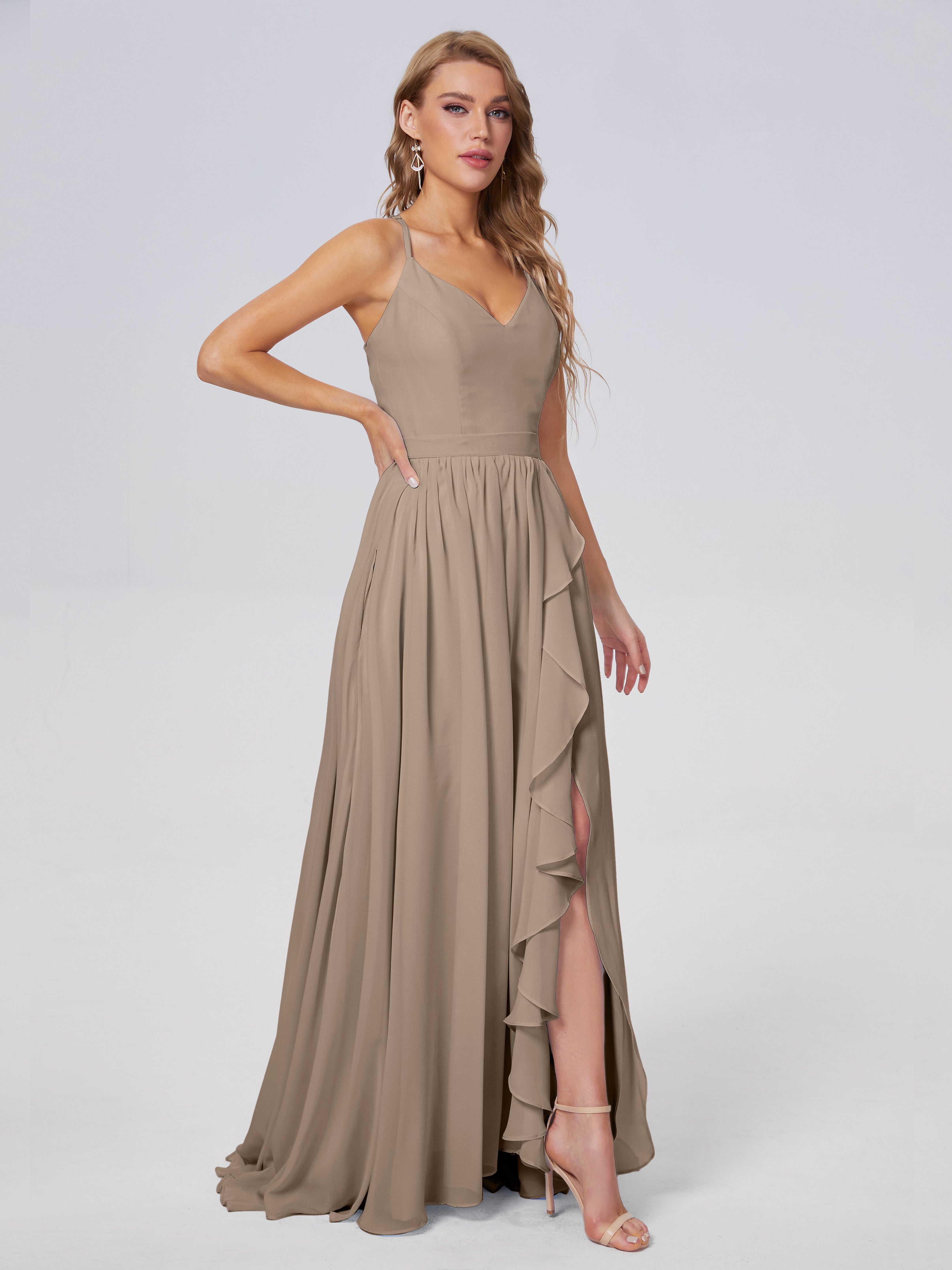 Robe Demoiselle D Honneur Taupe Asymétrique Mousseline Robes Demoiselle D'Honneur