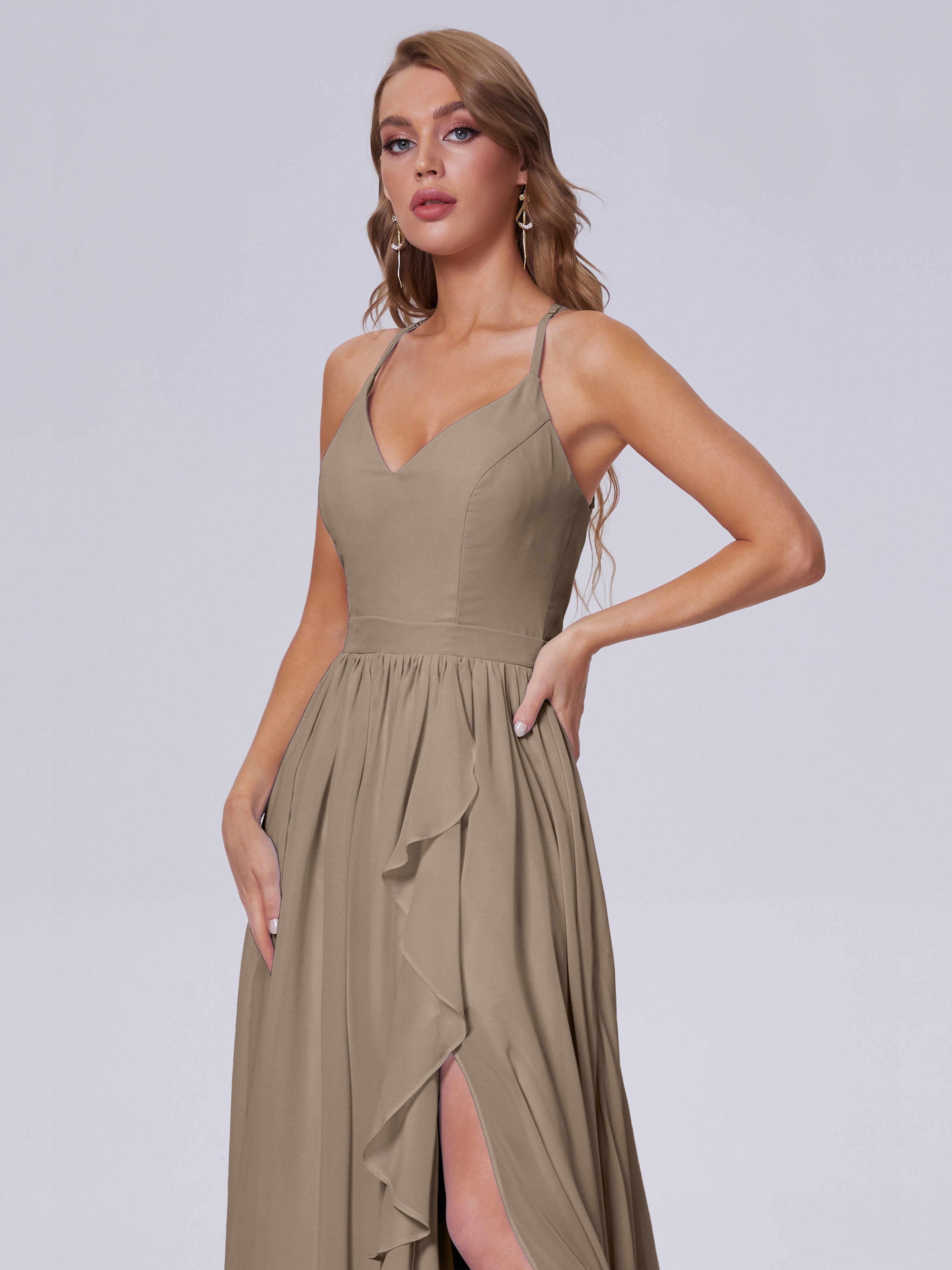Robe Demoiselle D Honneur Taupe Asymétrique Mousseline Robes Demoiselle D'Honneur