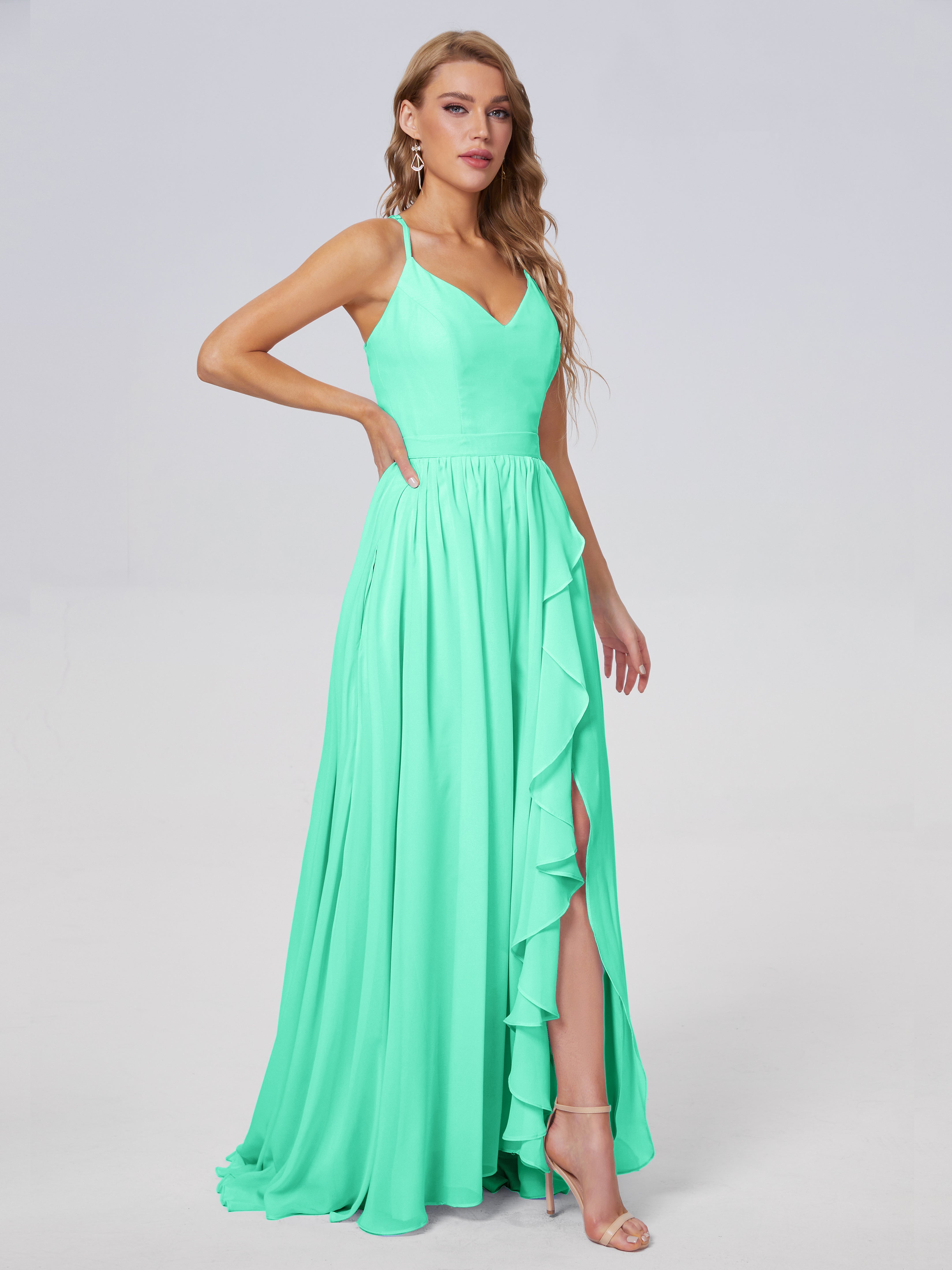 Robe De Demoiselle D Honneur Turquoise Asymétrique Mousseline Robes Demoiselle D'Honneur