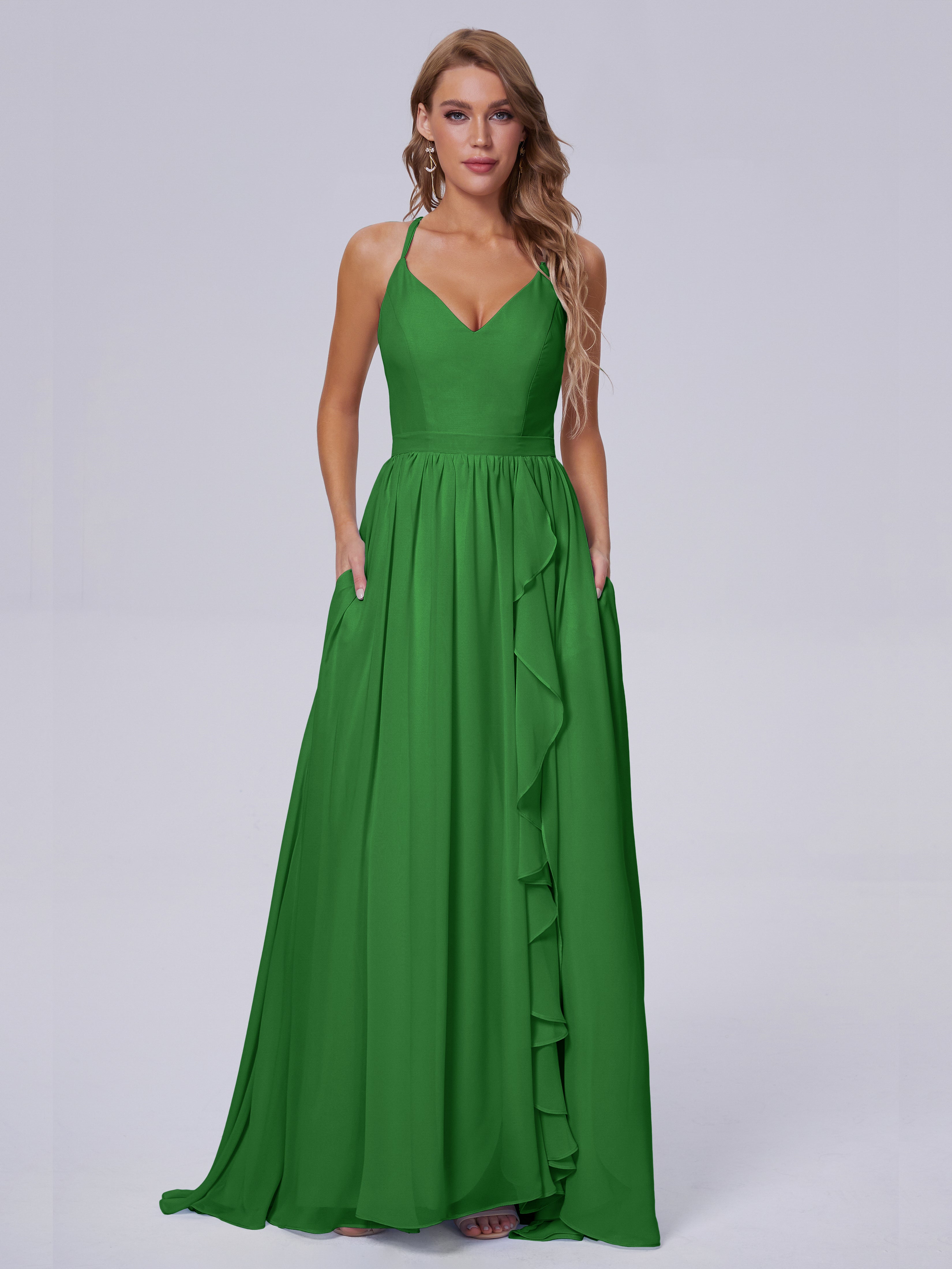 Robes De Demoiselle D'Honneur Vert Pin Asymétrique Mousseline Robes Demoiselle D'Honneur