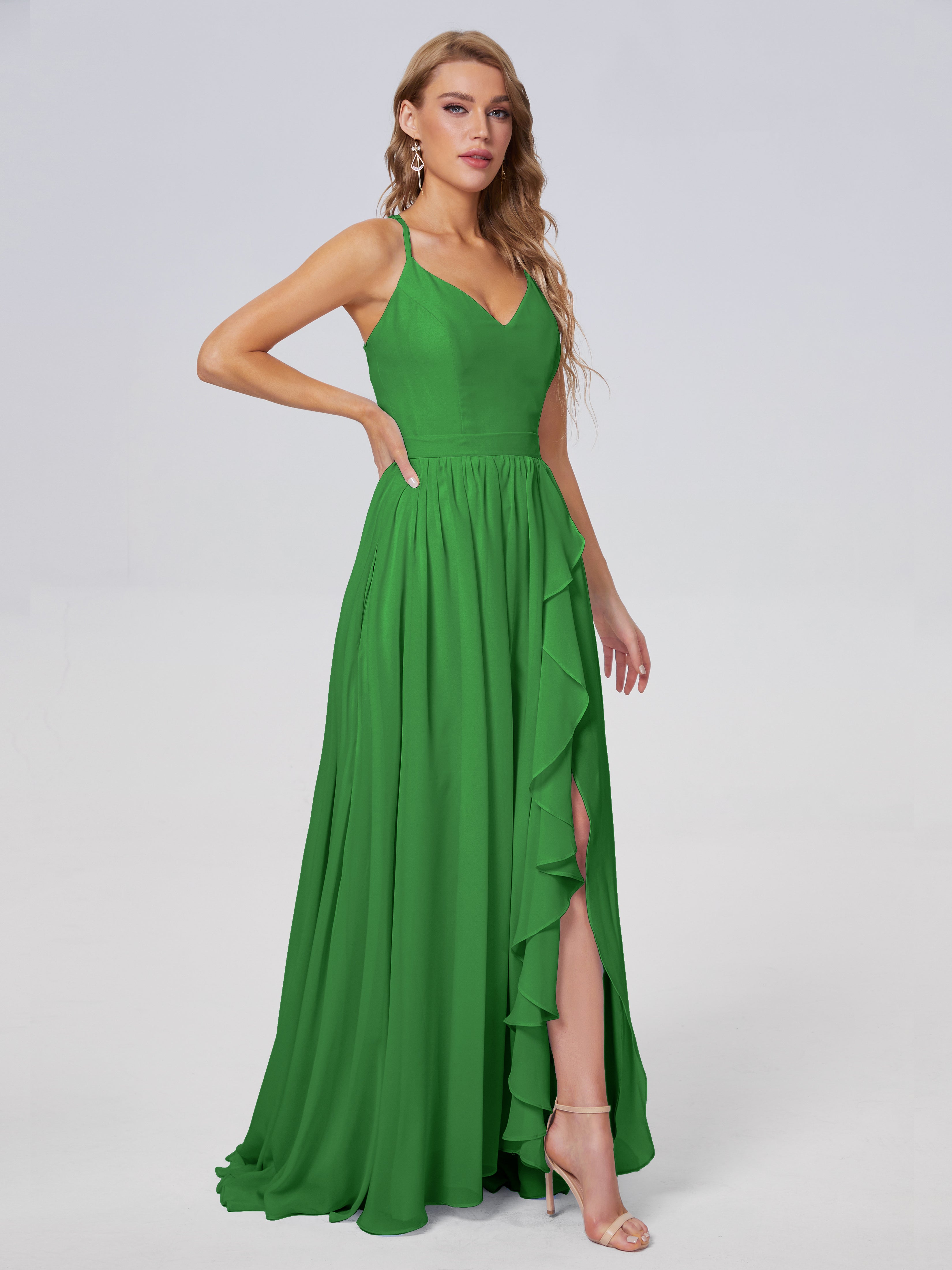 Robes De Demoiselle D'Honneur Vert Pin Asymétrique Mousseline Robes Demoiselle D'Honneur