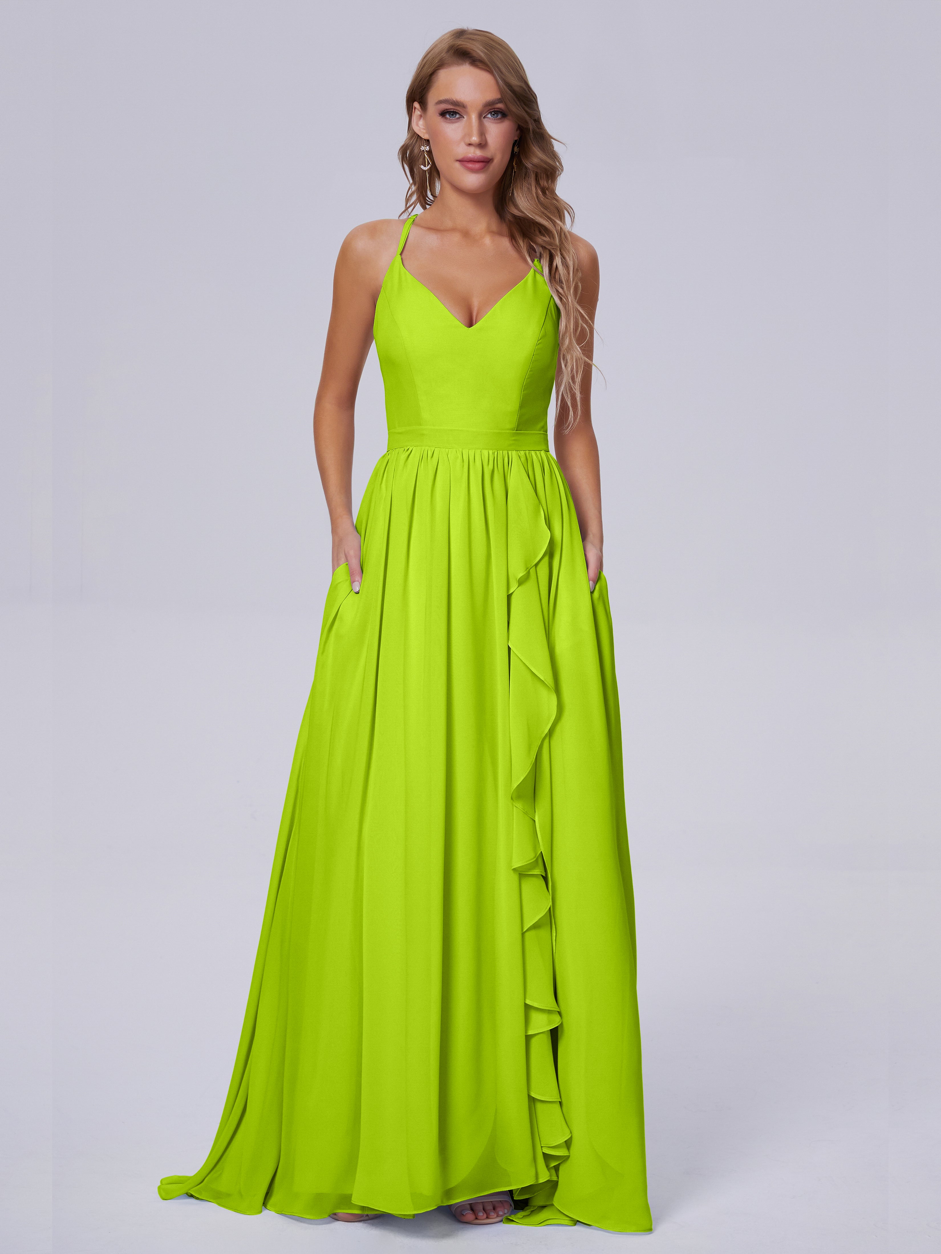 Robes De Demoiselle D'Honneur Vert Citron Asymétrique Mousseline Robes Demoiselle D'Honneur