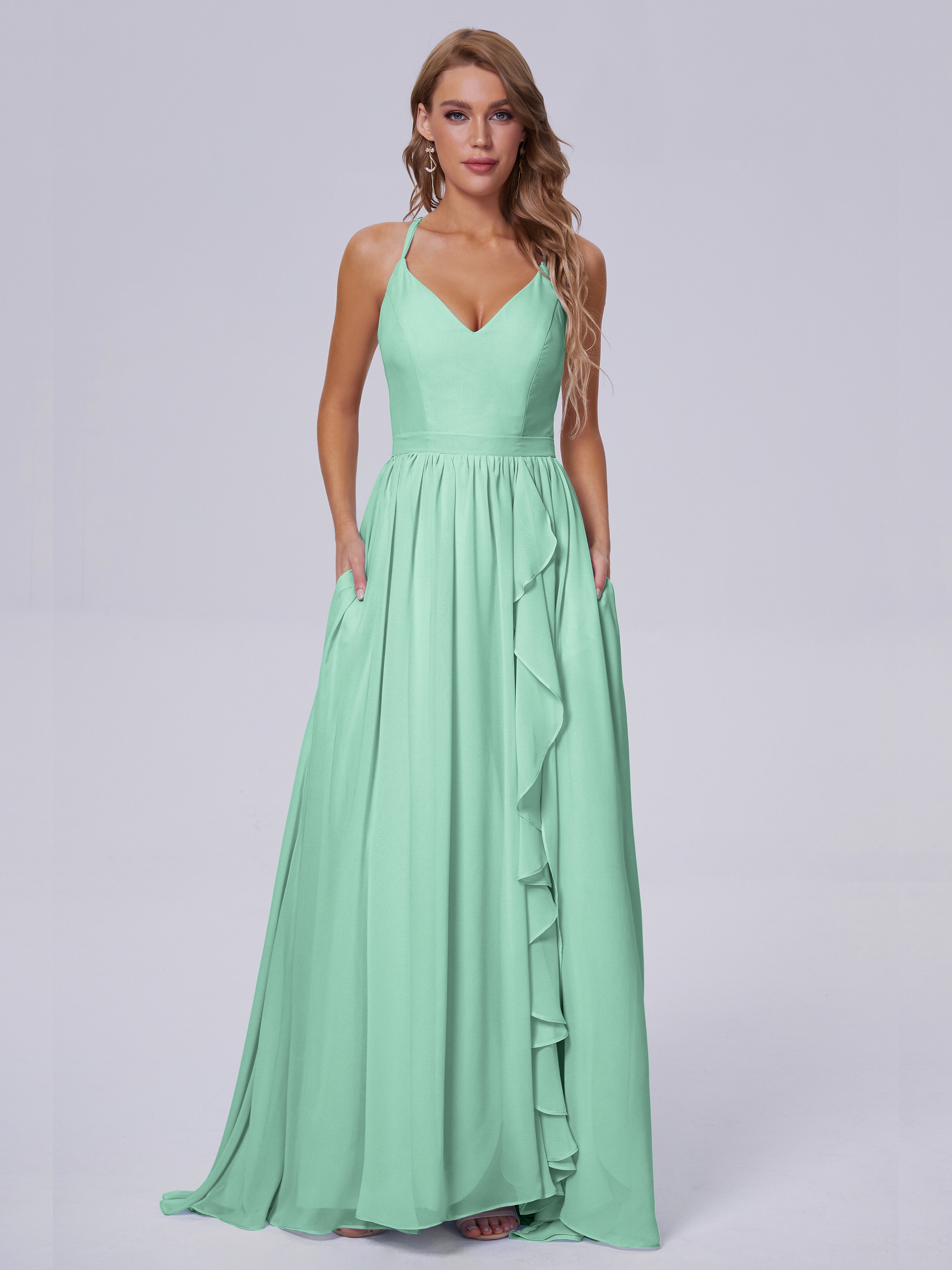 Robe Vert Menthe Demoiselle D Honneur Asymétrique Mousseline Robes Demoiselle D'Honneur