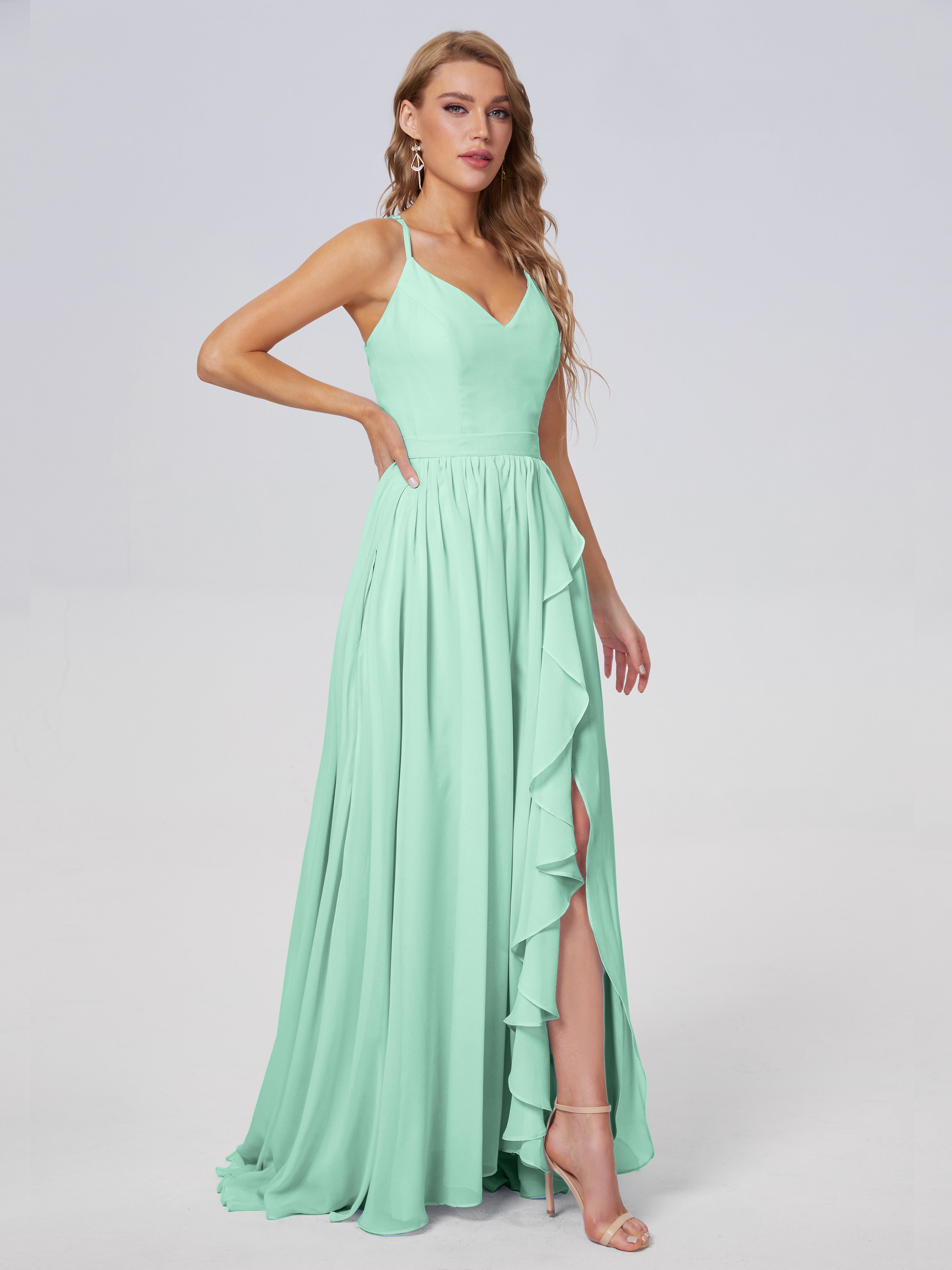Robe Vert Menthe Demoiselle D Honneur Asymétrique Mousseline Robes Demoiselle D'Honneur