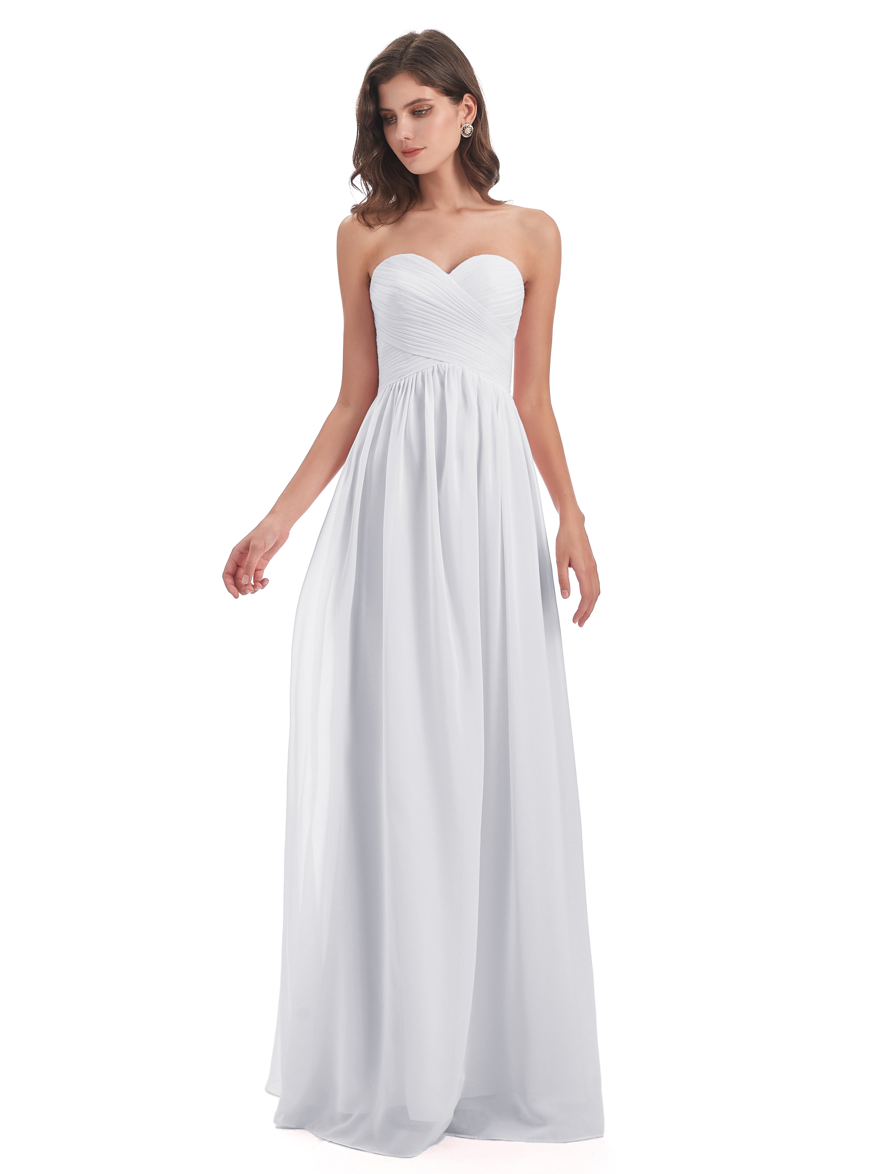 Robe Longue Blanche Demoiselle D Honneur Col Coeur Sans Manche Mousseline Robes Demoiselle D'Honneur