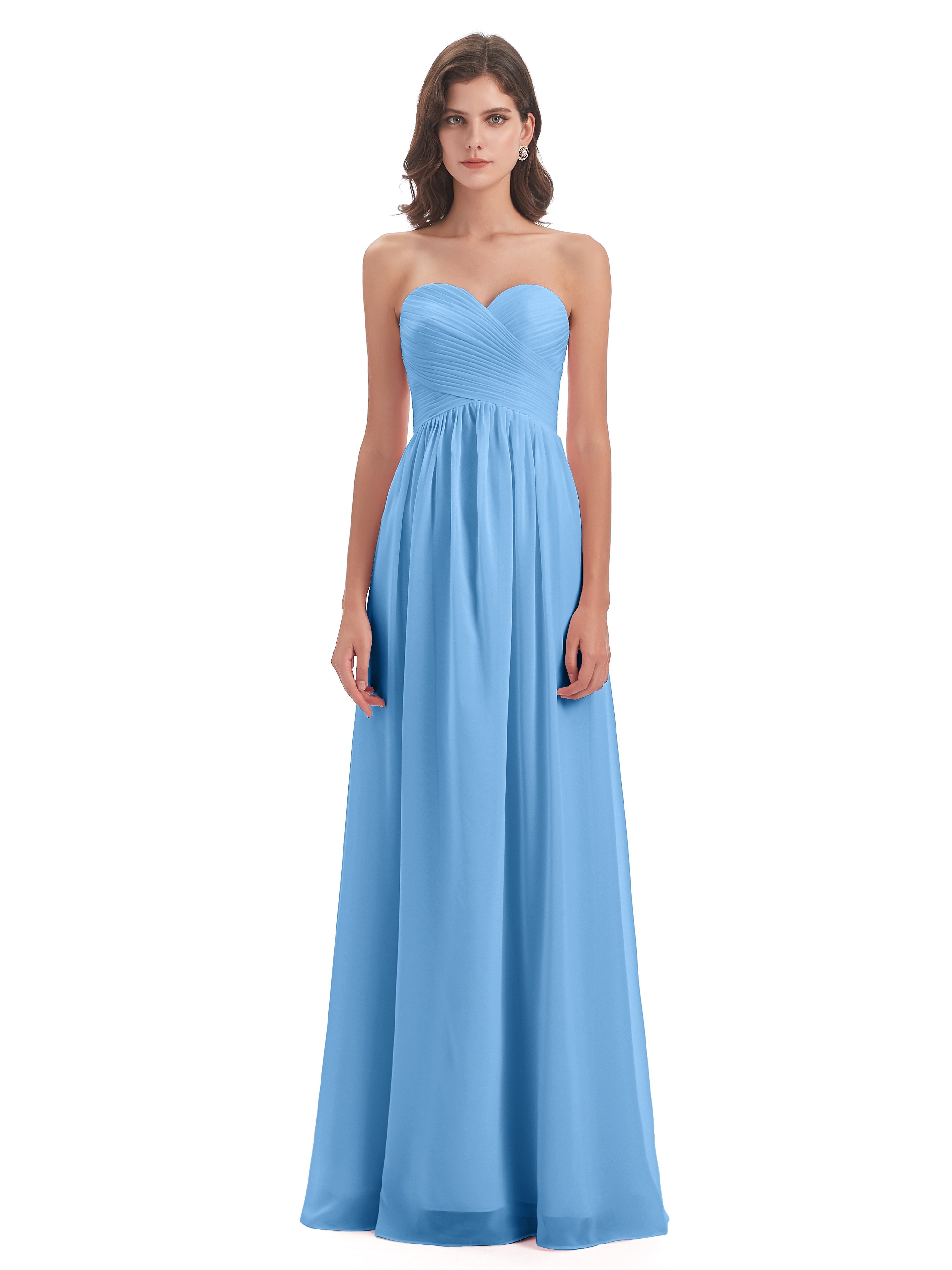 Robes De Demoiselle D'Honneur Bleu Clair Col Coeur Sans Manche Mousseline Robes Demoiselle D'Honneur