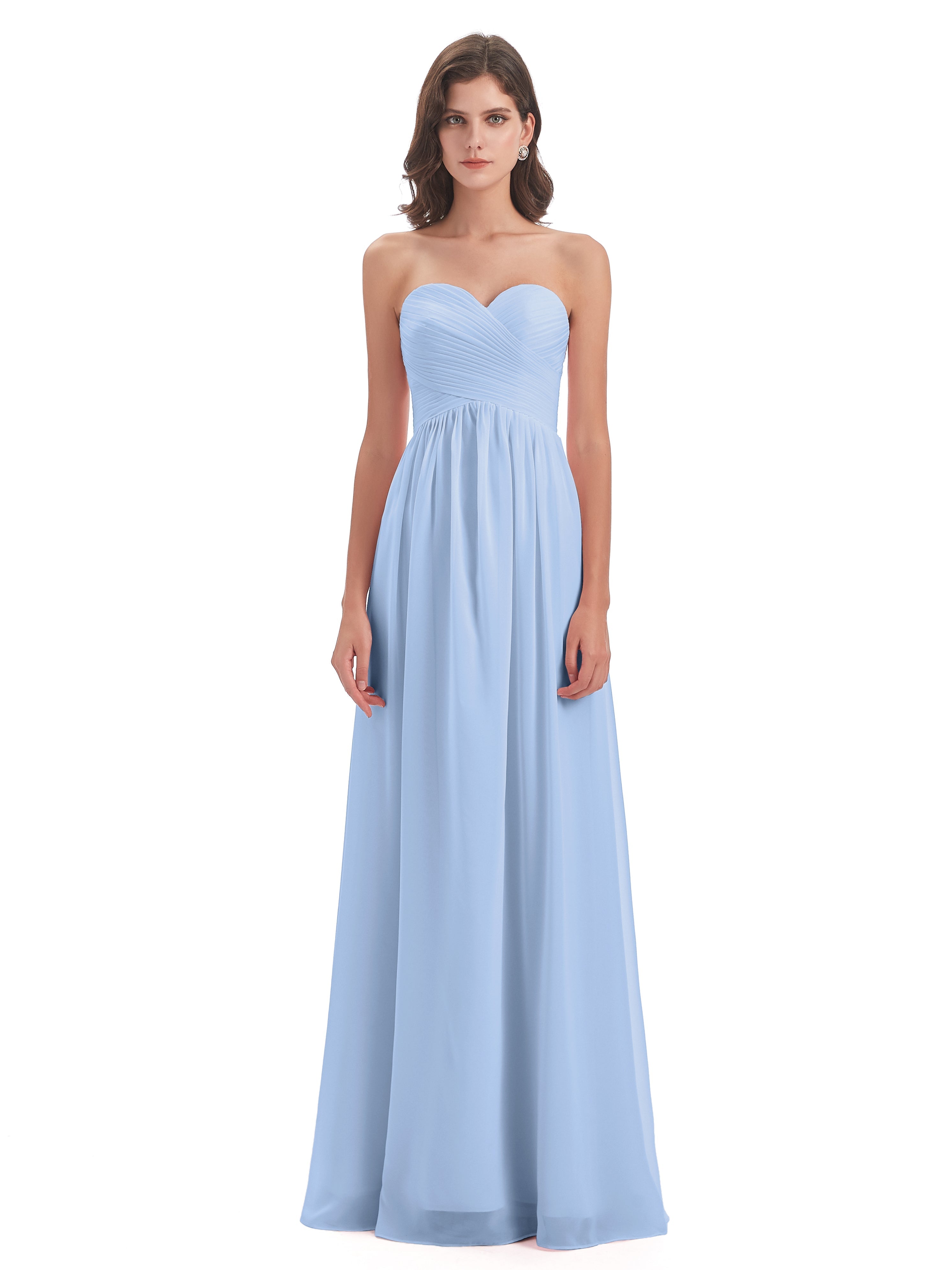 Robe Bleu Ciel Demoiselle D Honneur Col Coeur Sans Manche Mousseline Robes Demoiselle D'Honneur
