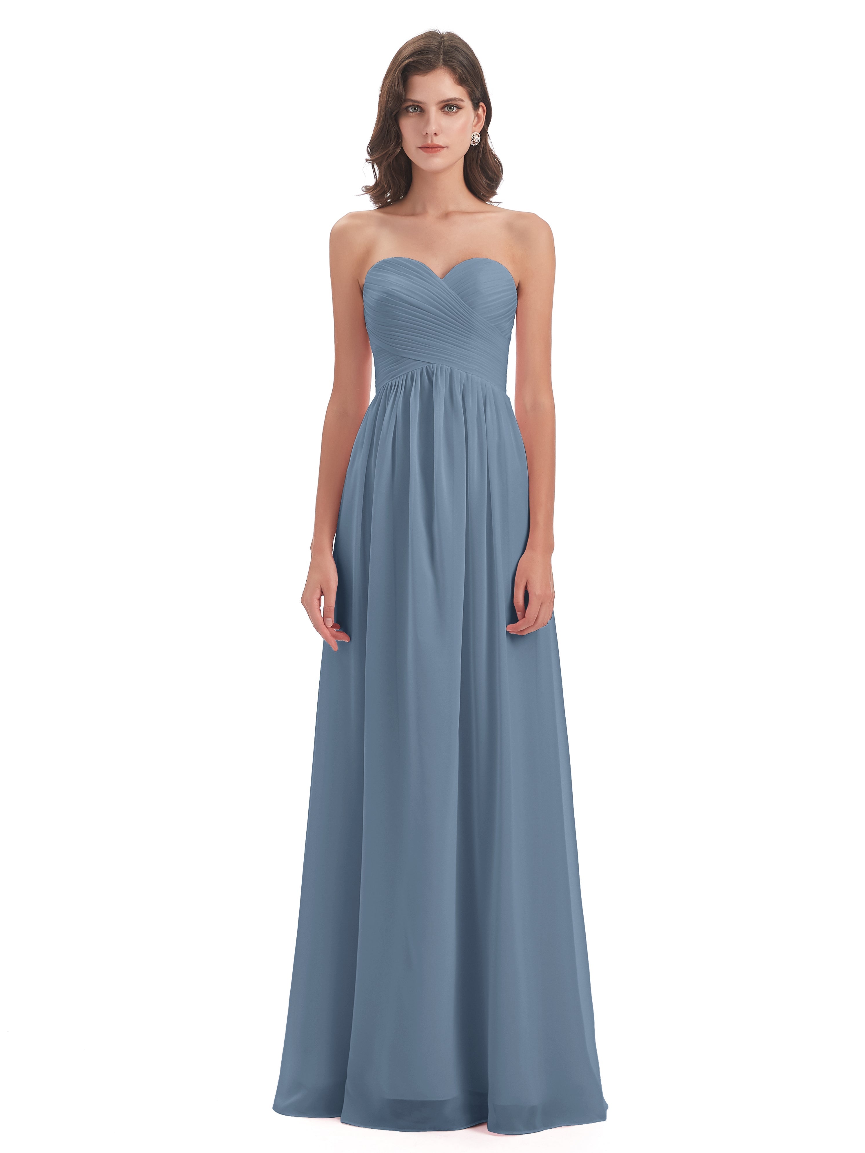 Robes De Demoiselle D'Honneur Bleu De Schiste Col Coeur Sans Manche Mousseline Robes Demoiselle D'Honneur
