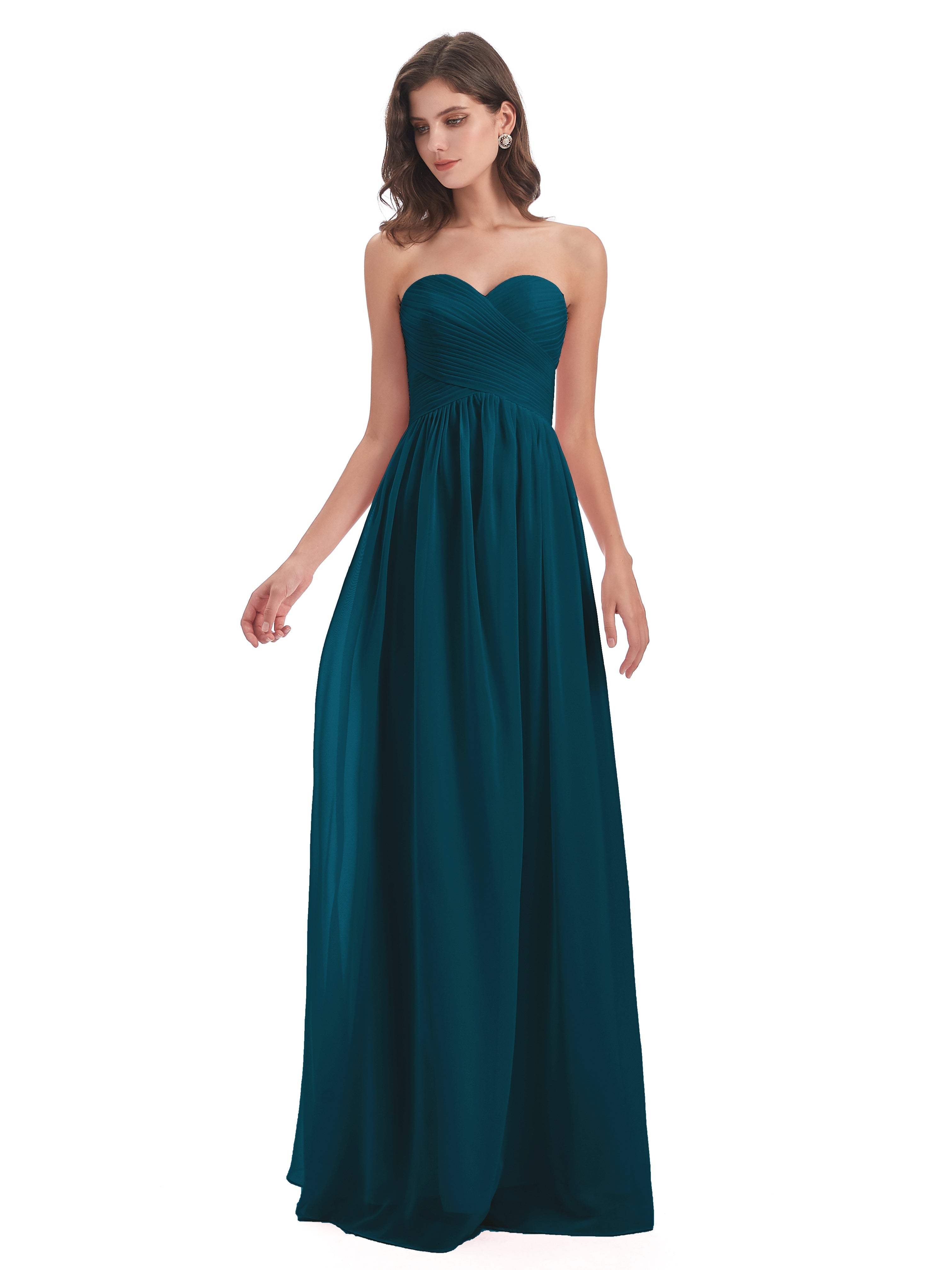 Robe De Demoiselle D'Honneur Bleu Encre Col Coeur Sans Manche Mousseline Robes Demoiselle D'Honneur