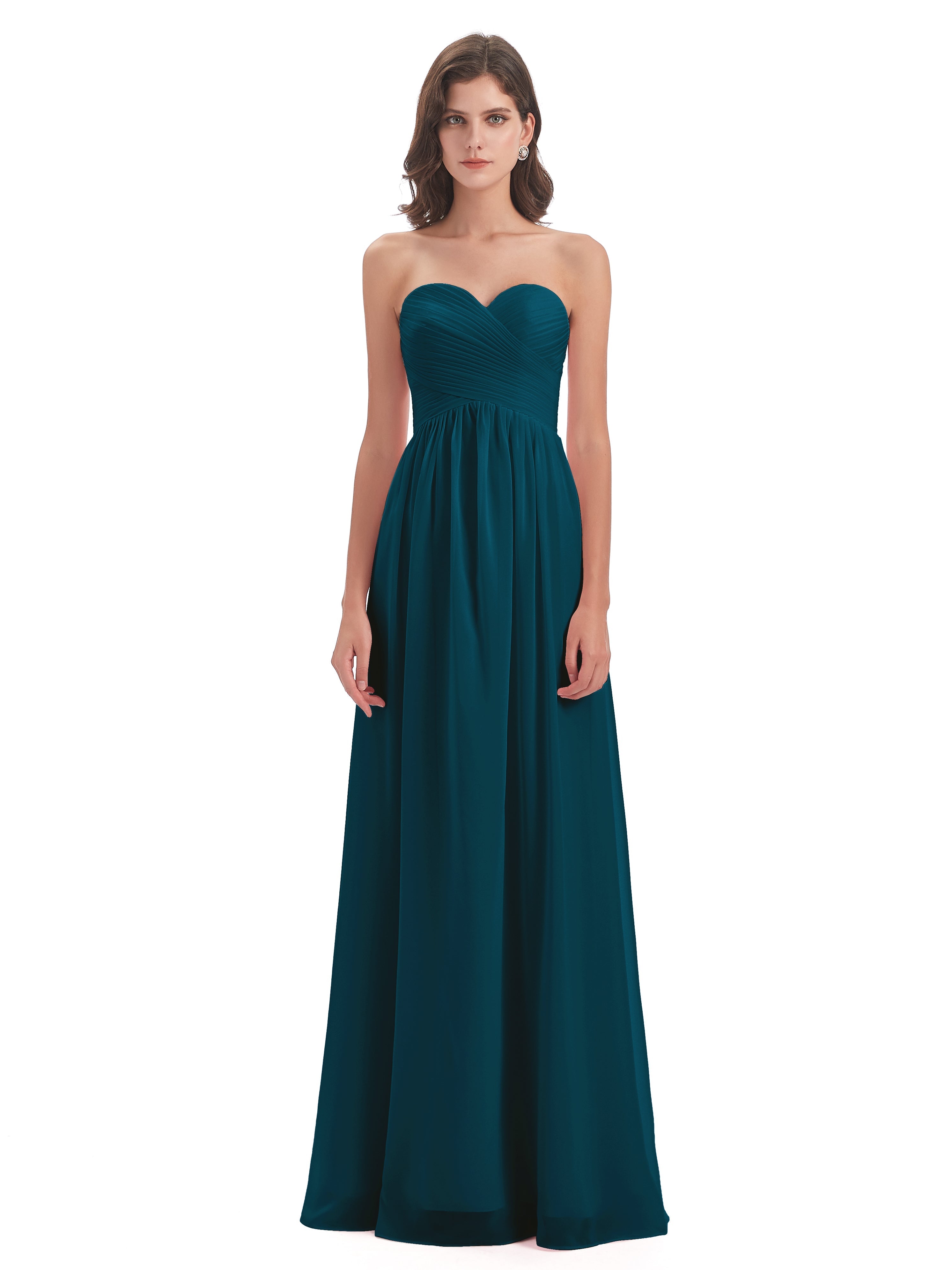 Robe De Demoiselle D'Honneur Bleu Encre Col Coeur Sans Manche Mousseline Robes Demoiselle D'Honneur