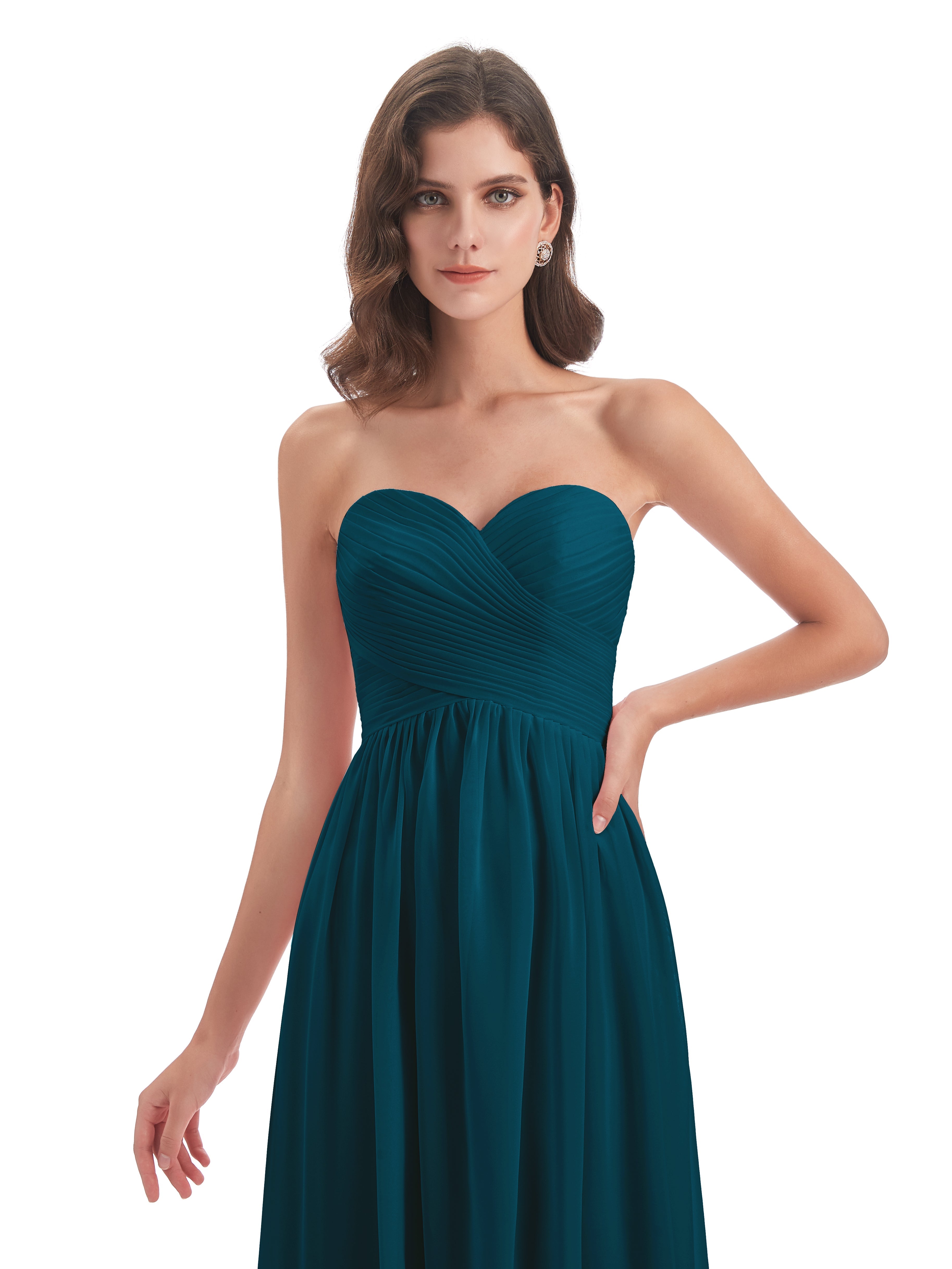 Robe De Demoiselle D'Honneur Bleu Encre Col Coeur Sans Manche Mousseline Robes Demoiselle D'Honneur