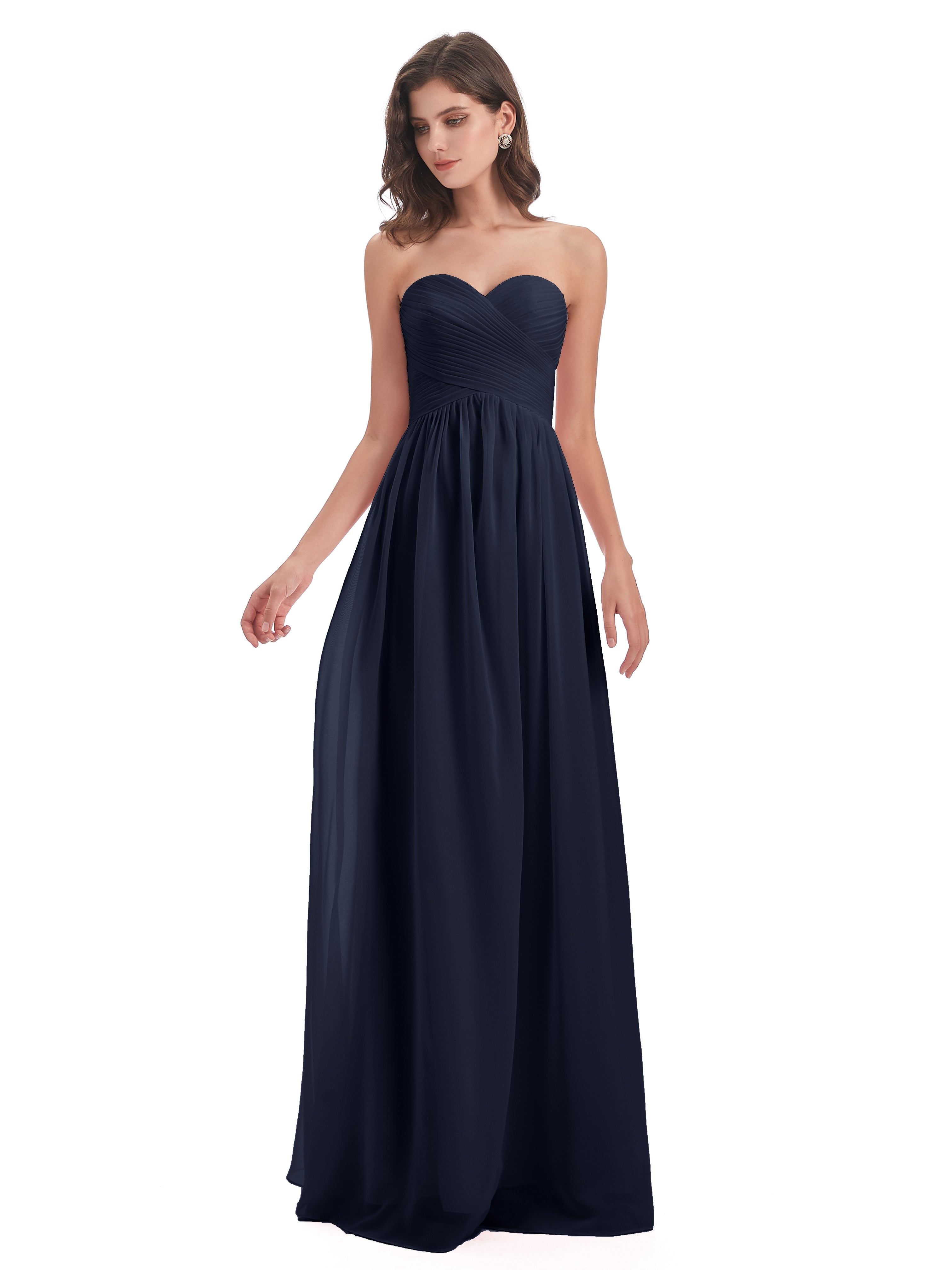 Robes De Demoiselle D'Honneur Bleu Marine Modestes Col Coeur Sans Manche Mousseline Robes Demoiselle D'Honneur