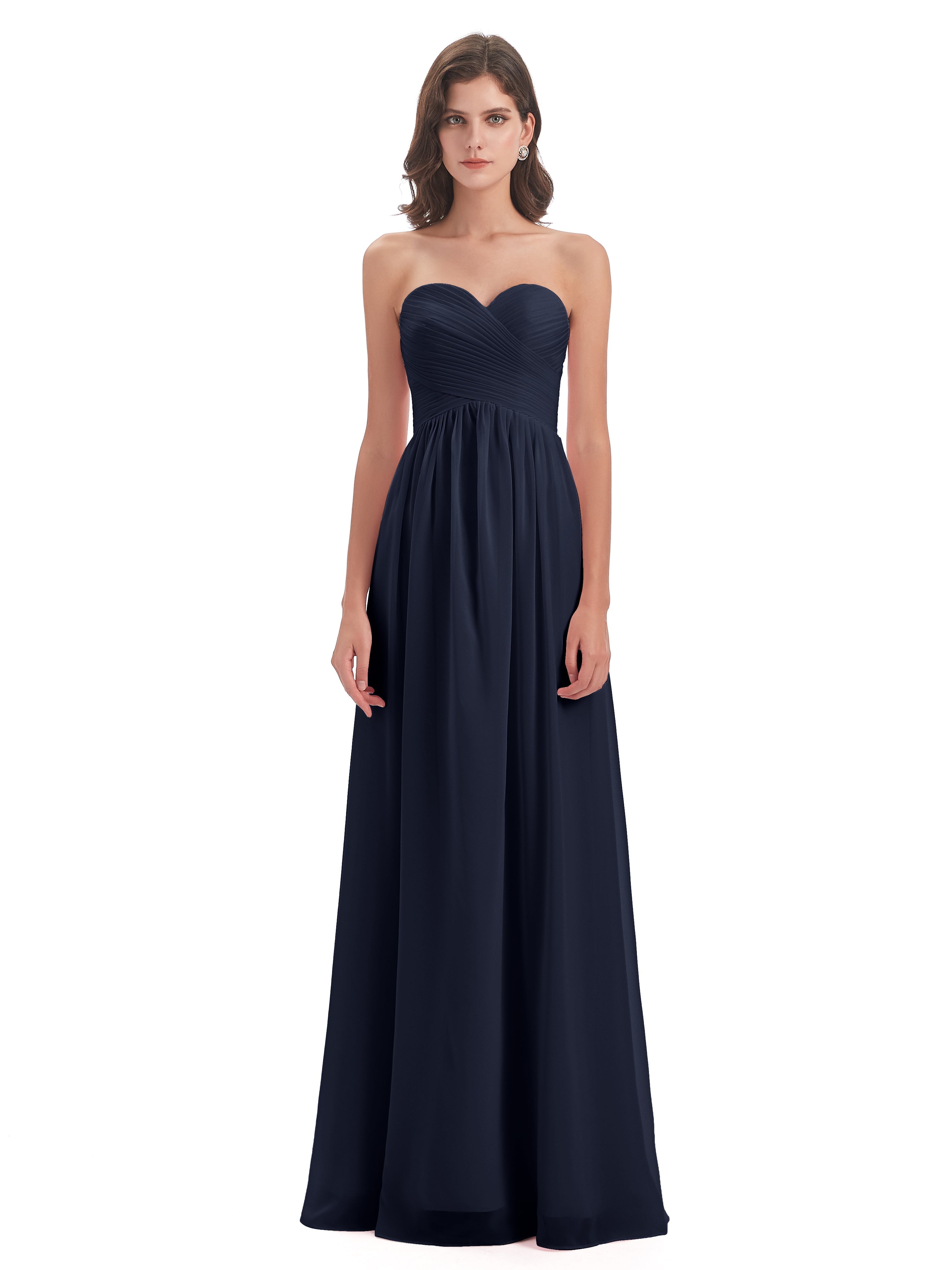 Robes De Demoiselle D'Honneur Bleu Marine Modestes Col Coeur Sans Manche Mousseline Robes Demoiselle D'Honneur