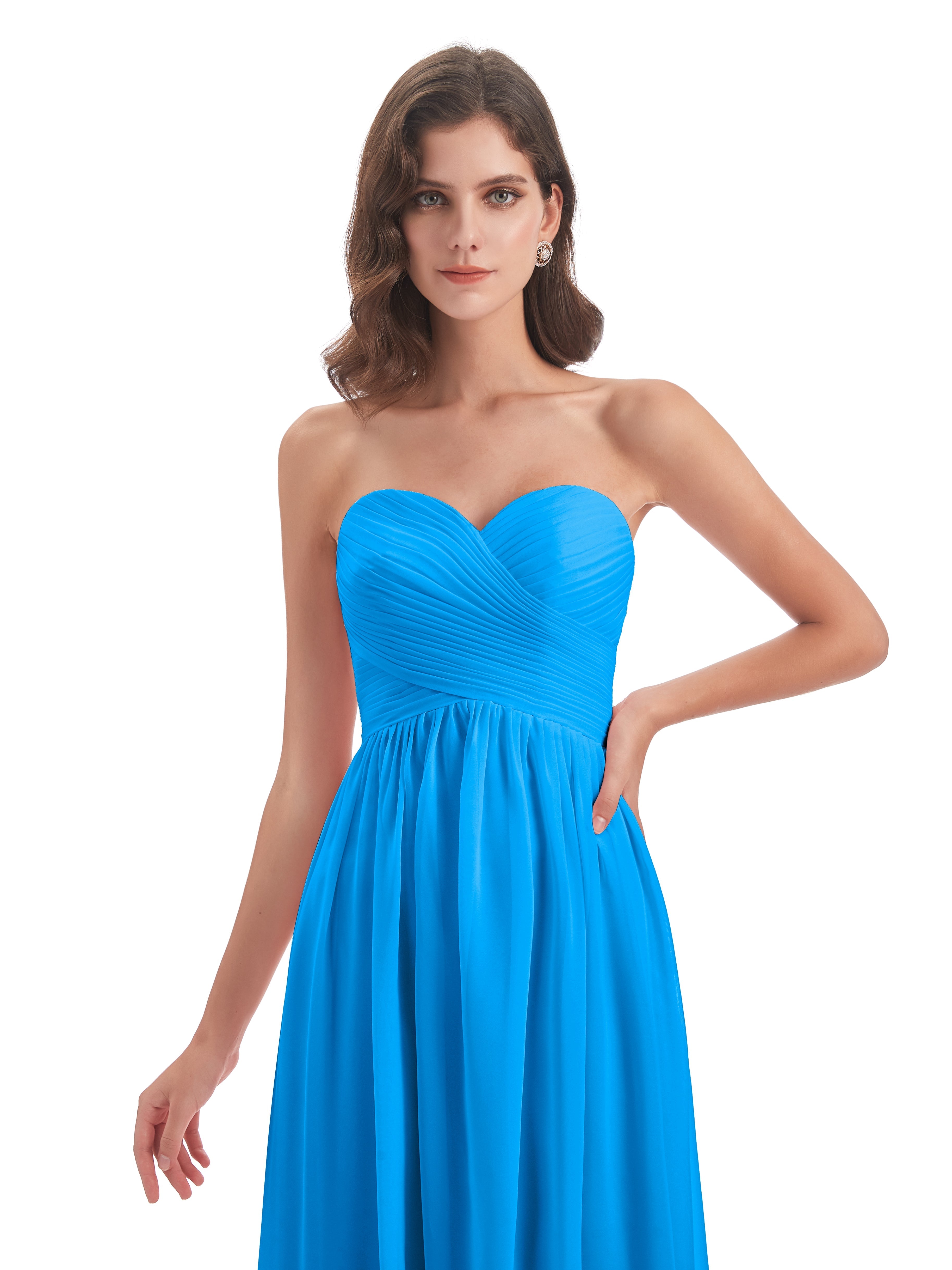 Robes De Demoiselle D'Honneur Bleu Océan Col Coeur Sans Manche Mousseline Robes Demoiselle D'Honneur