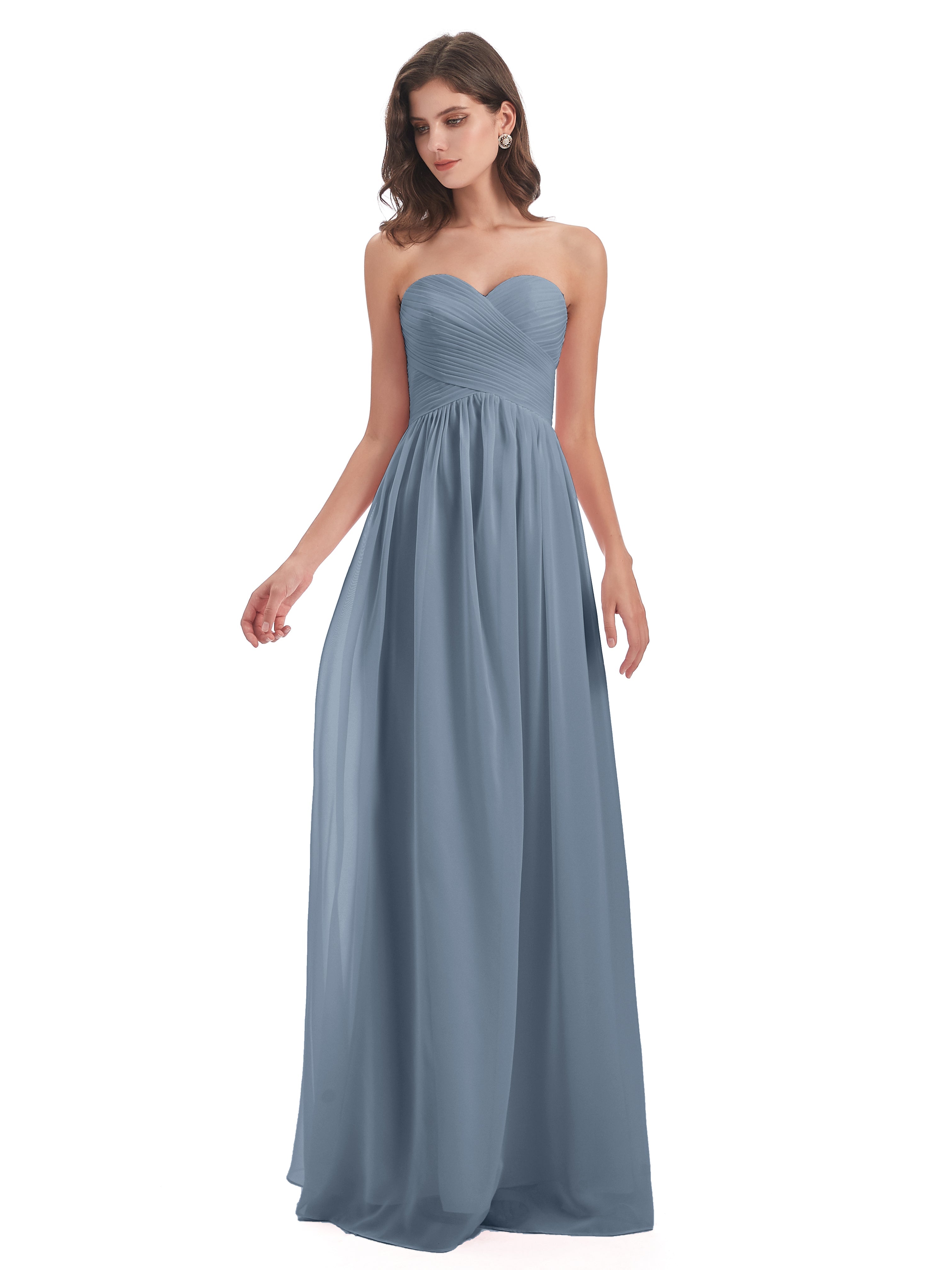 Robes De Demoiselle D'Honneur Bleu Poussiéreux Col Coeur Sans Manche Mousseline Robes Demoiselle D'Honneur