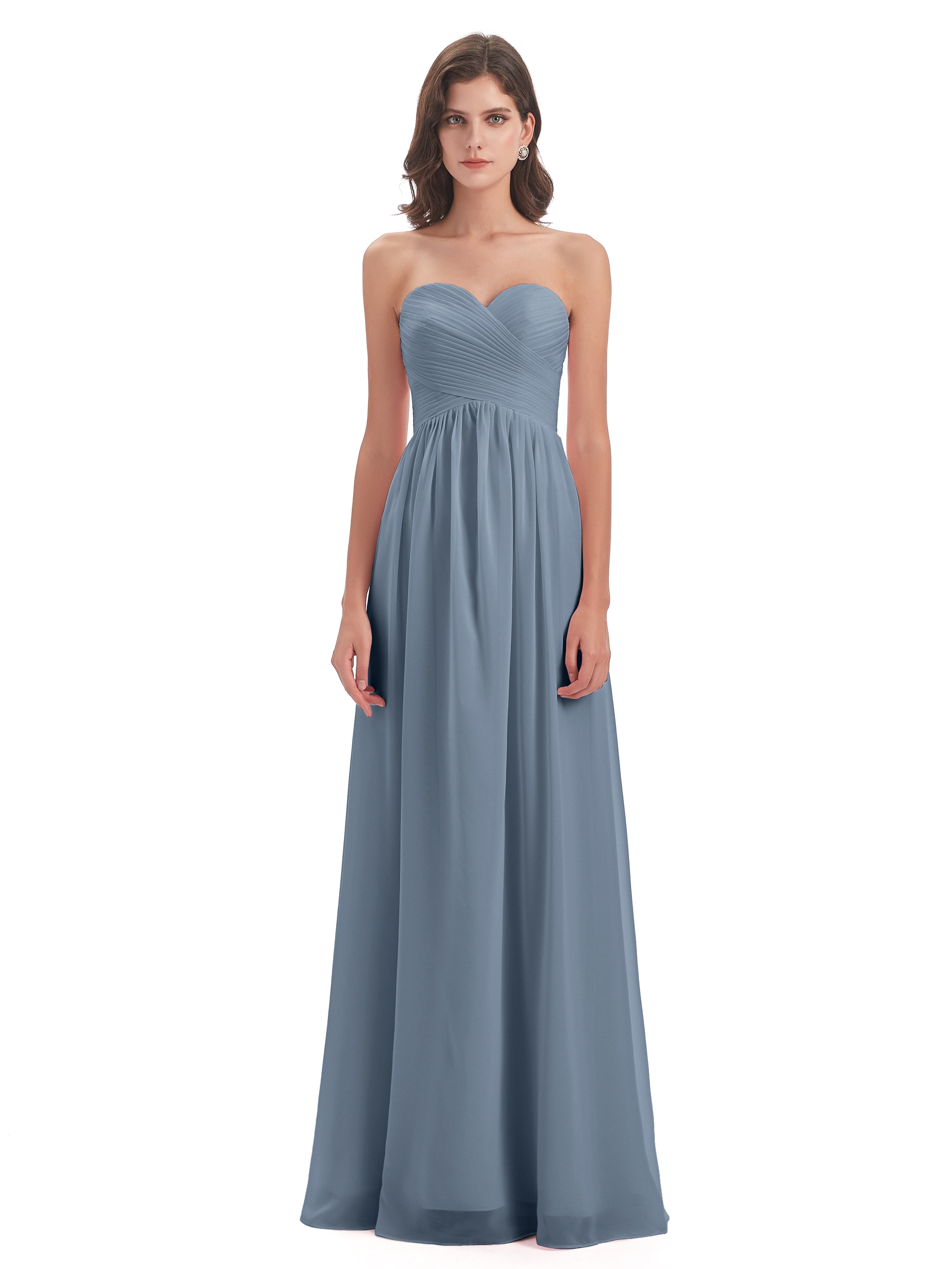 Robes De Demoiselle D'Honneur Bleu Poussiéreux Col Coeur Sans Manche Mousseline Robes Demoiselle D'Honneur