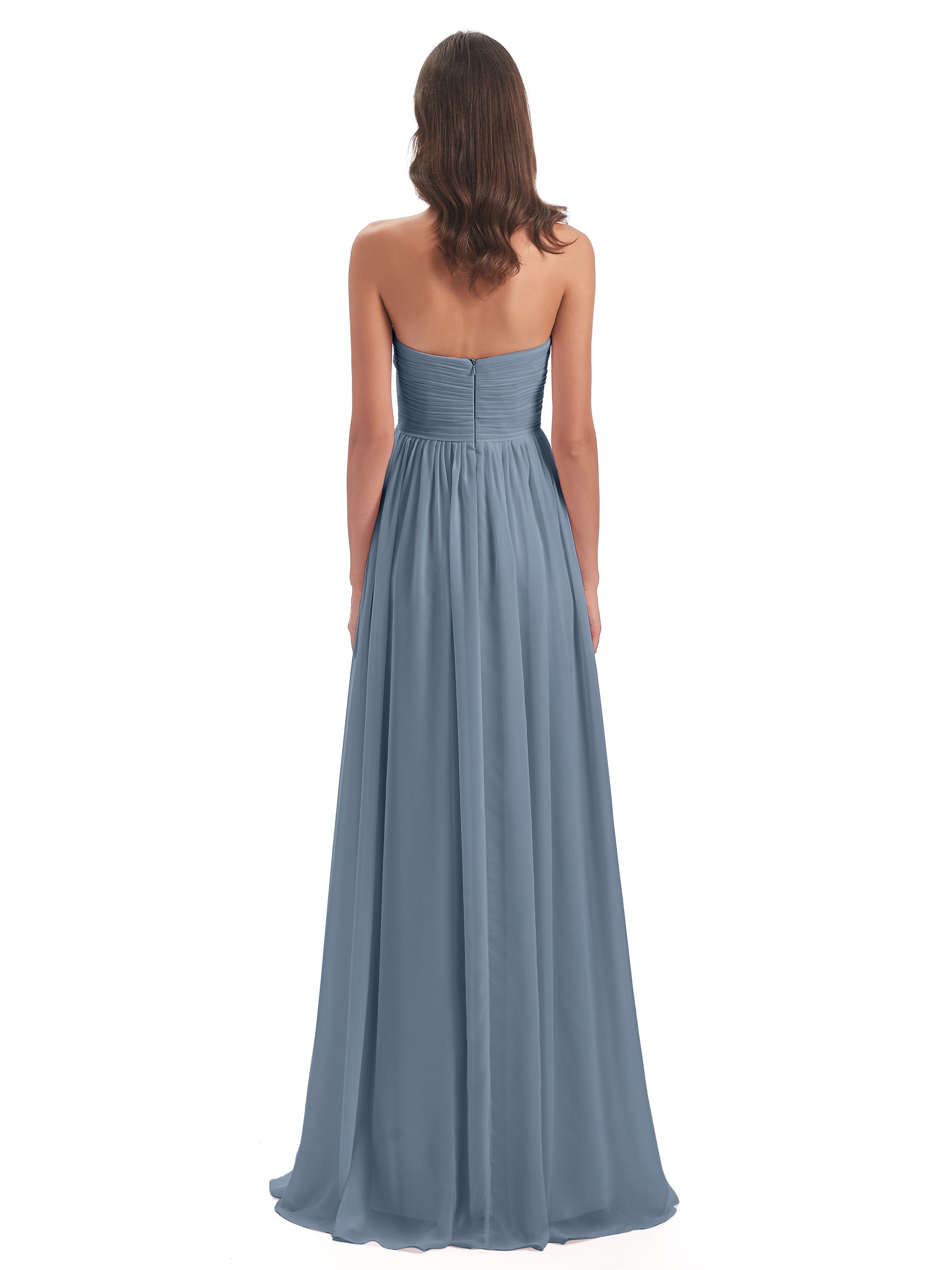 Robes De Demoiselle D'Honneur Bleu Poussiéreux Col Coeur Sans Manche Mousseline Robes Demoiselle D'Honneur