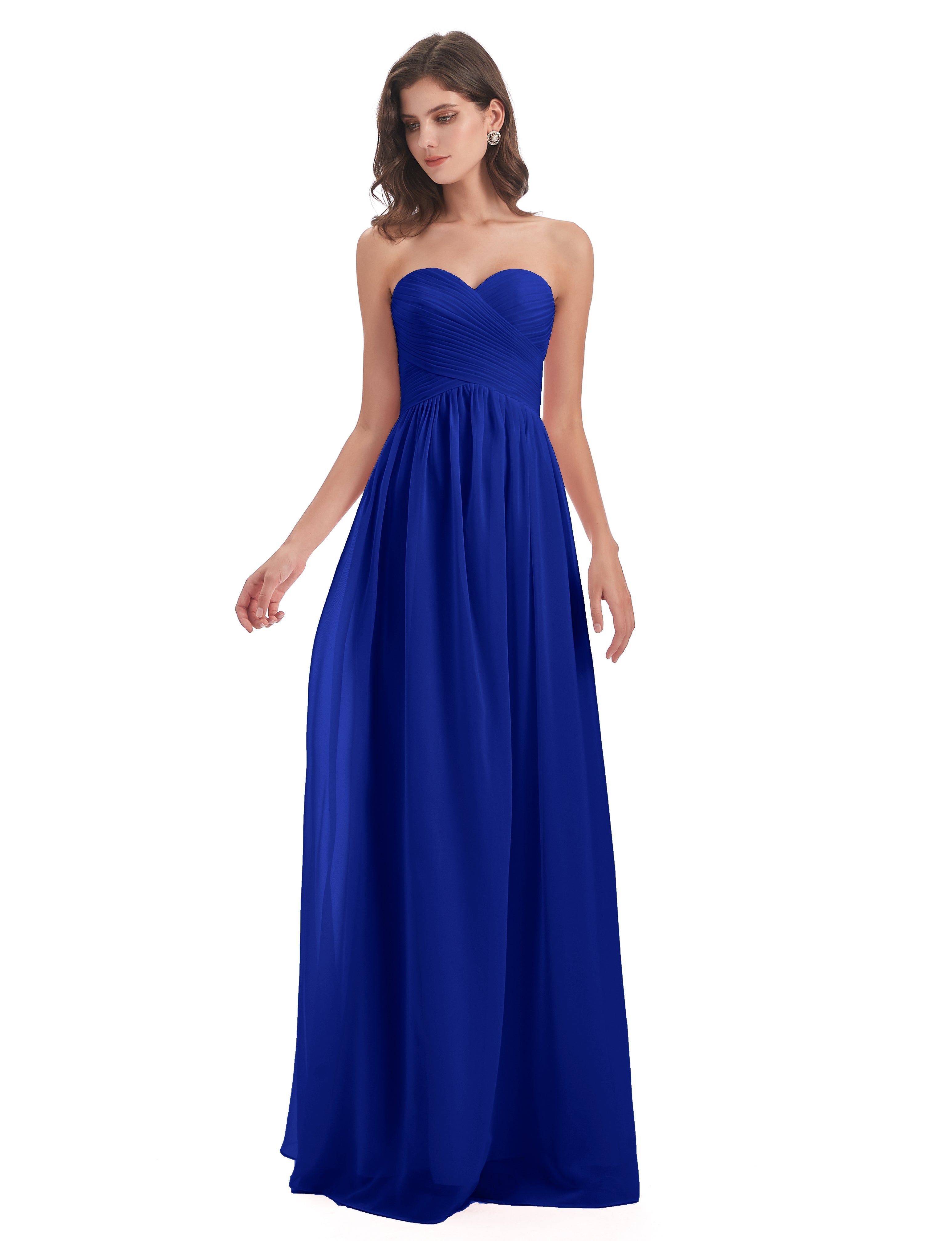 Demoiselle Dhonneur Robe Longue Bleu Roi Col Coeur Sans Manche Mousseline Robes Demoiselle D'Honneur