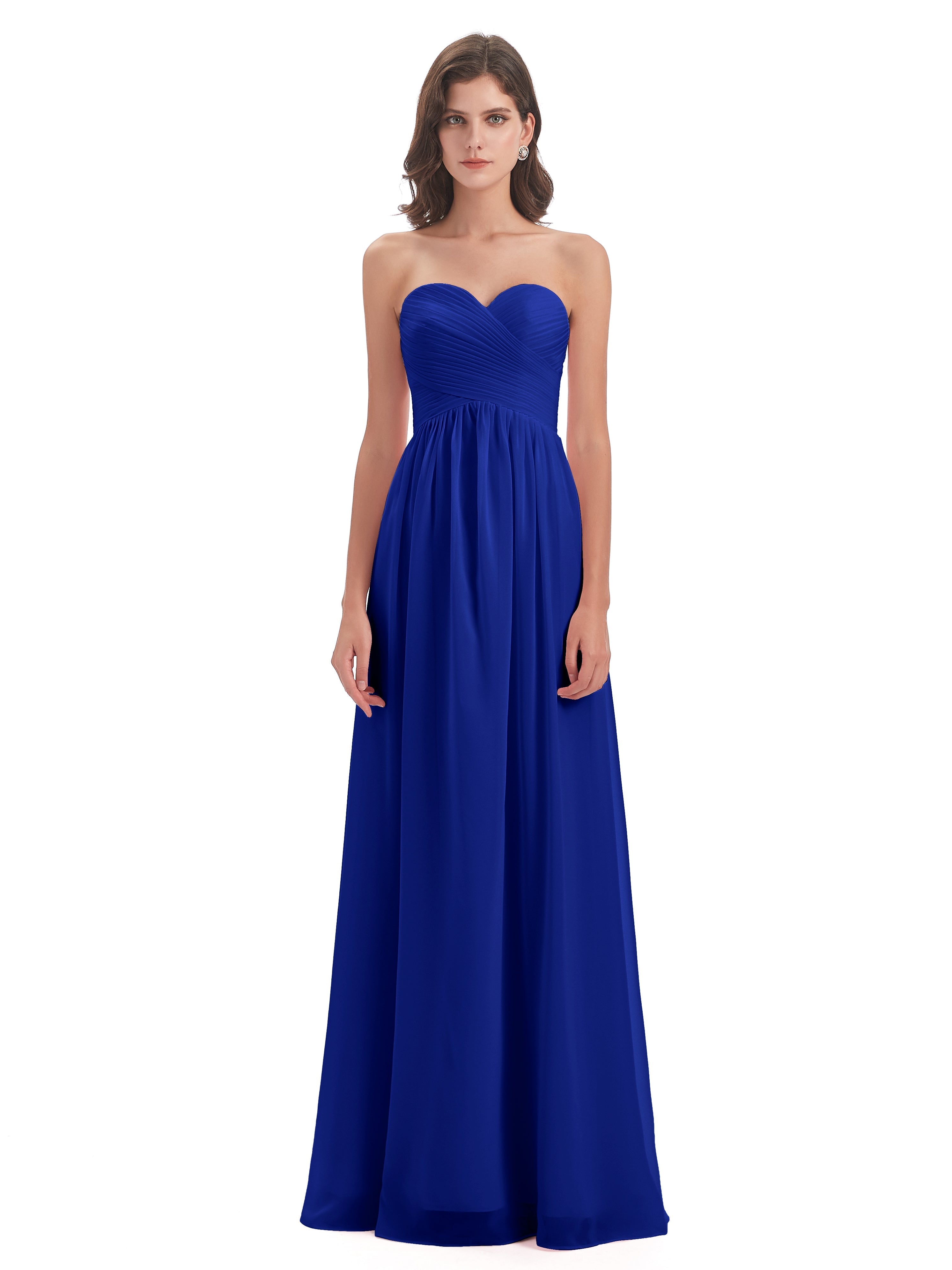 Demoiselle Dhonneur Robe Longue Bleu Roi Col Coeur Sans Manche Mousseline Robes Demoiselle D'Honneur