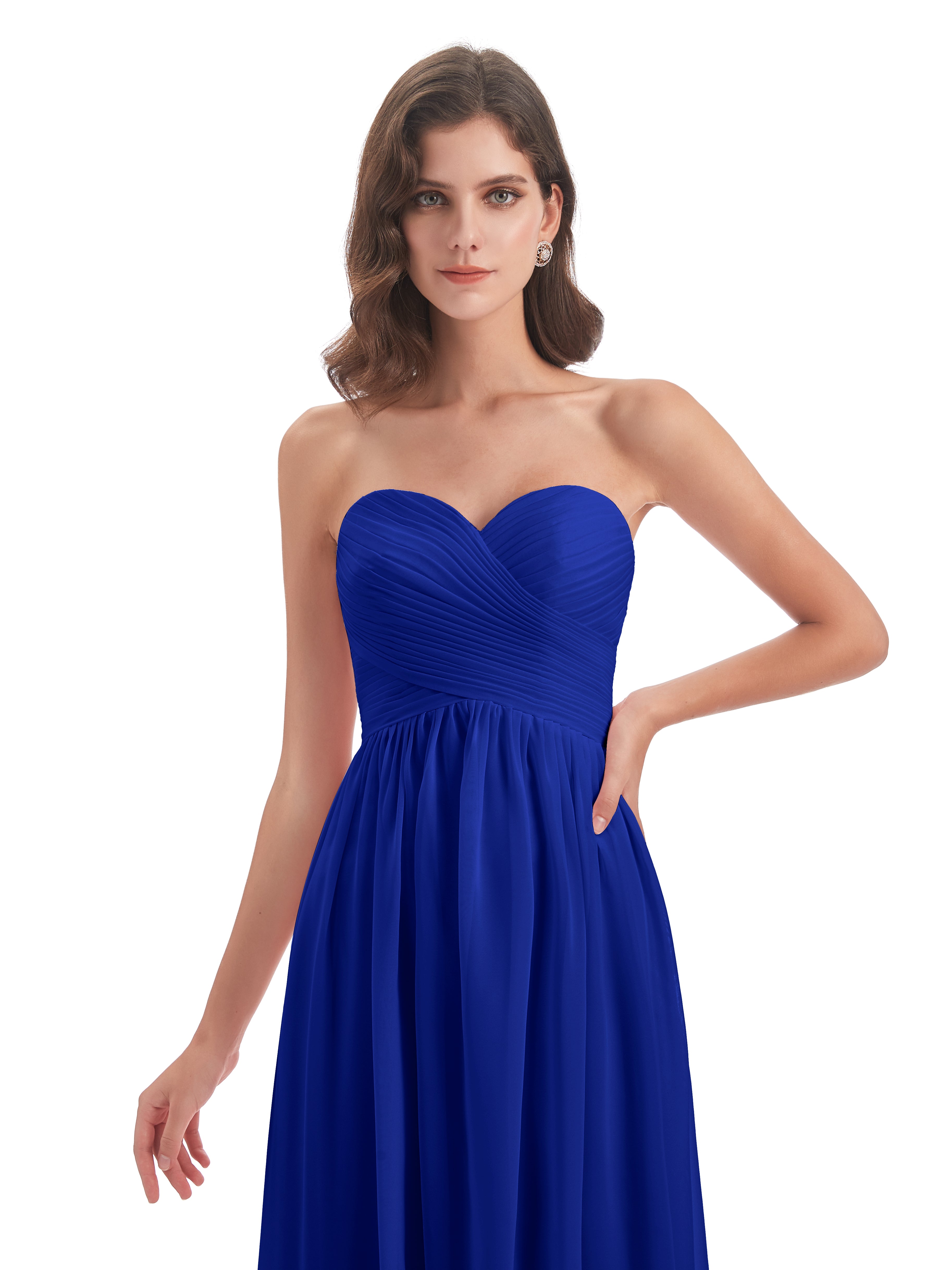 Demoiselle Dhonneur Robe Longue Bleu Roi Col Coeur Sans Manche Mousseline Robes Demoiselle D'Honneur