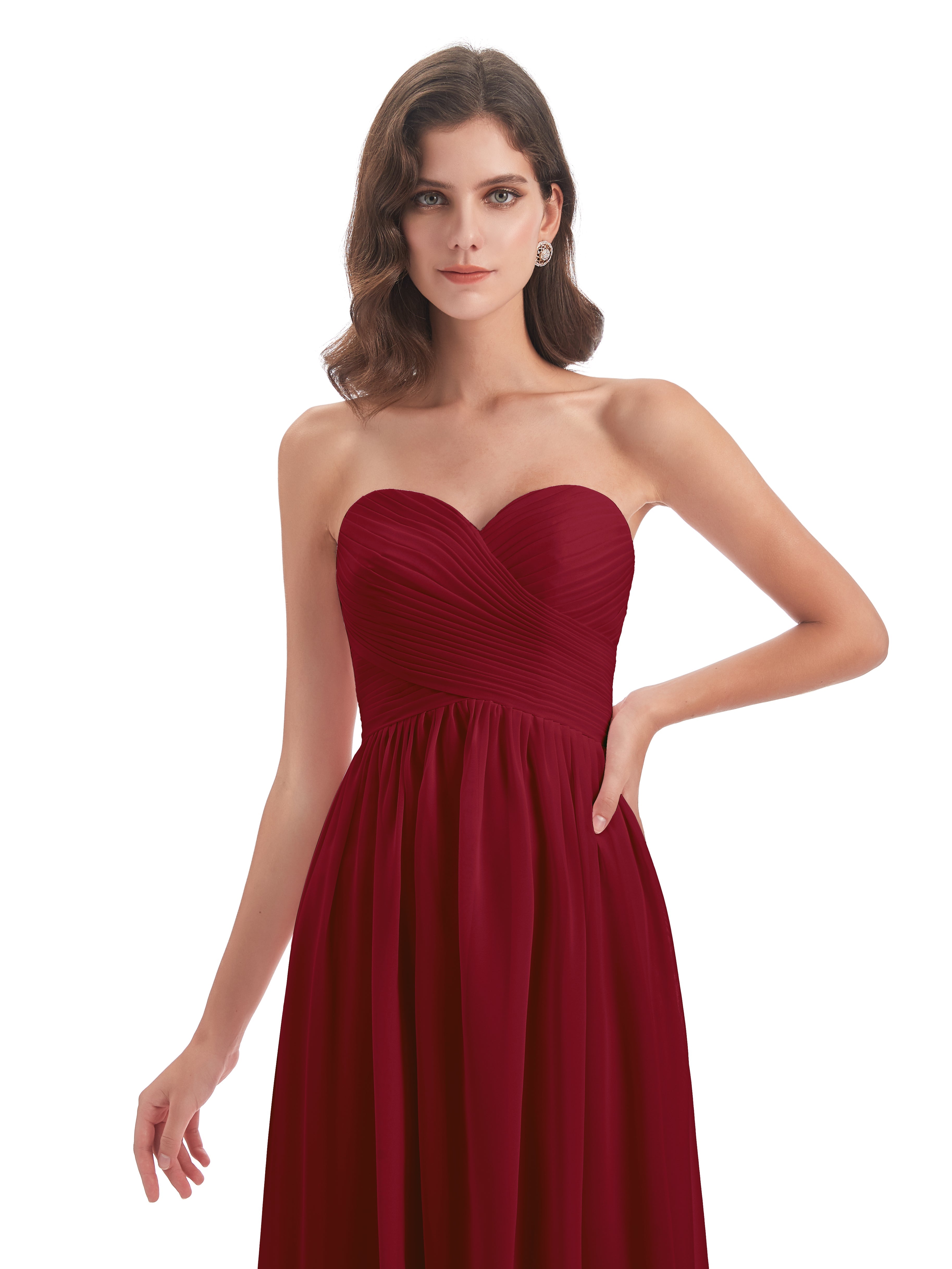 Robe Longue Bordeaux Demoiselle D Honneur Col Coeur Sans Manche Mousseline Robes Demoiselle D'Honneur