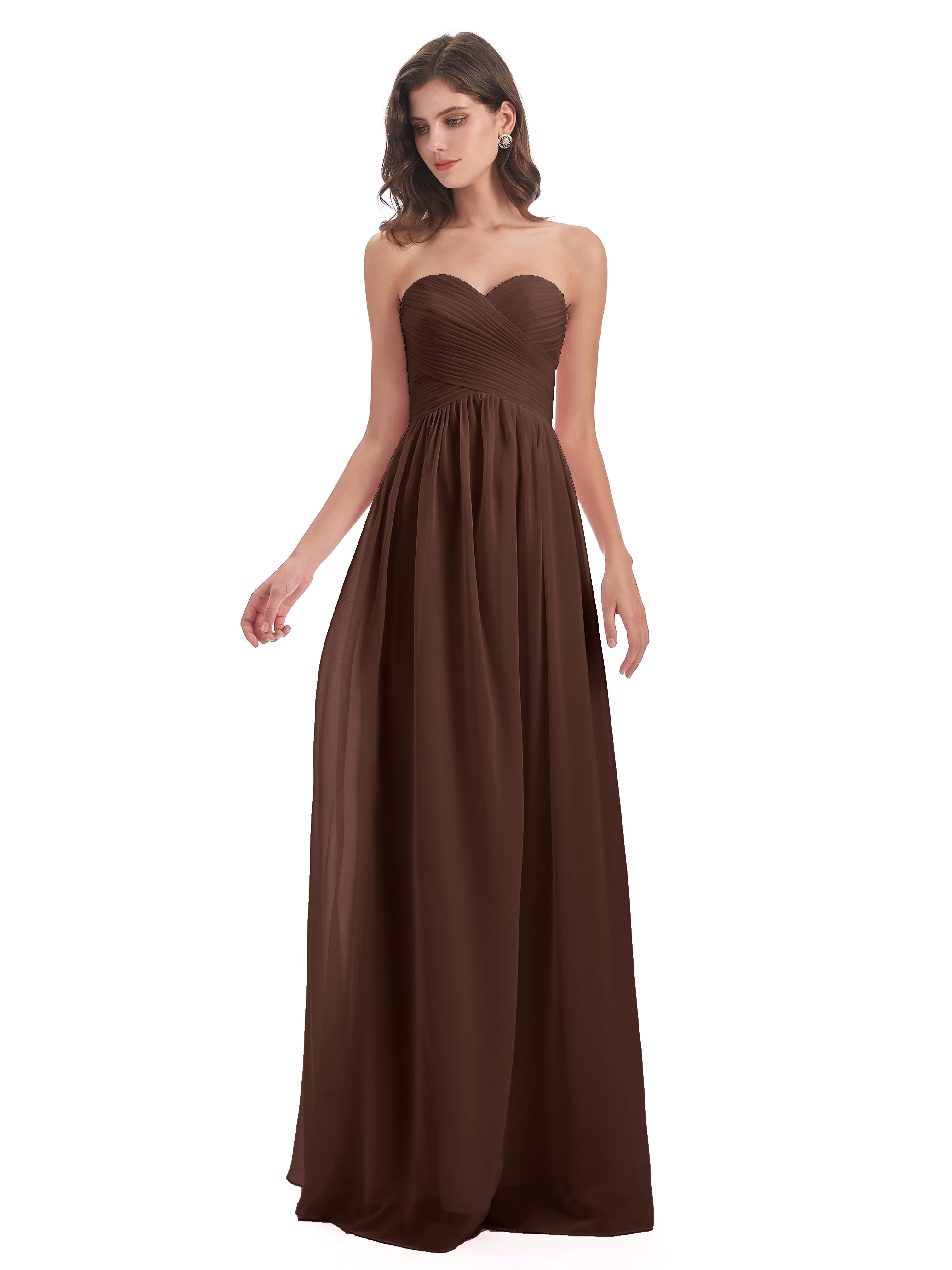 Robe Marron Chocolat Demoiselle D Honneur Col Coeur Sans Manche Mousseline Robes Demoiselle D'Honneur